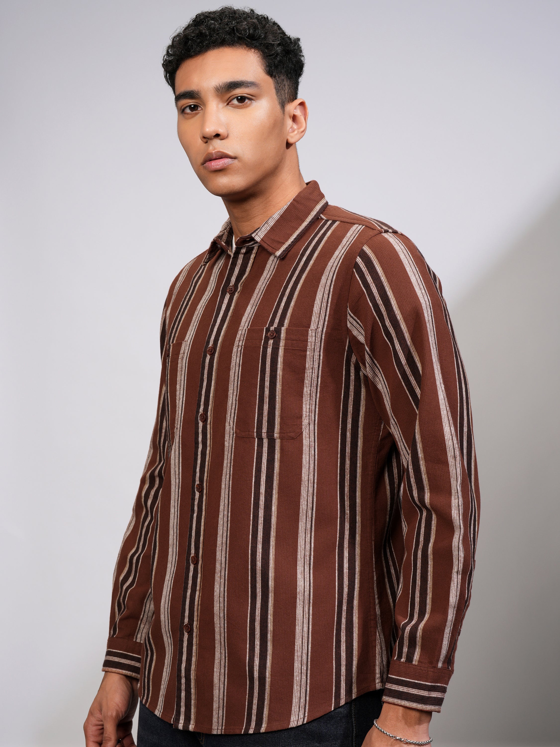 Highlander Men Rust Striped Slim Fit Casual Shirt - Rust - Image 4