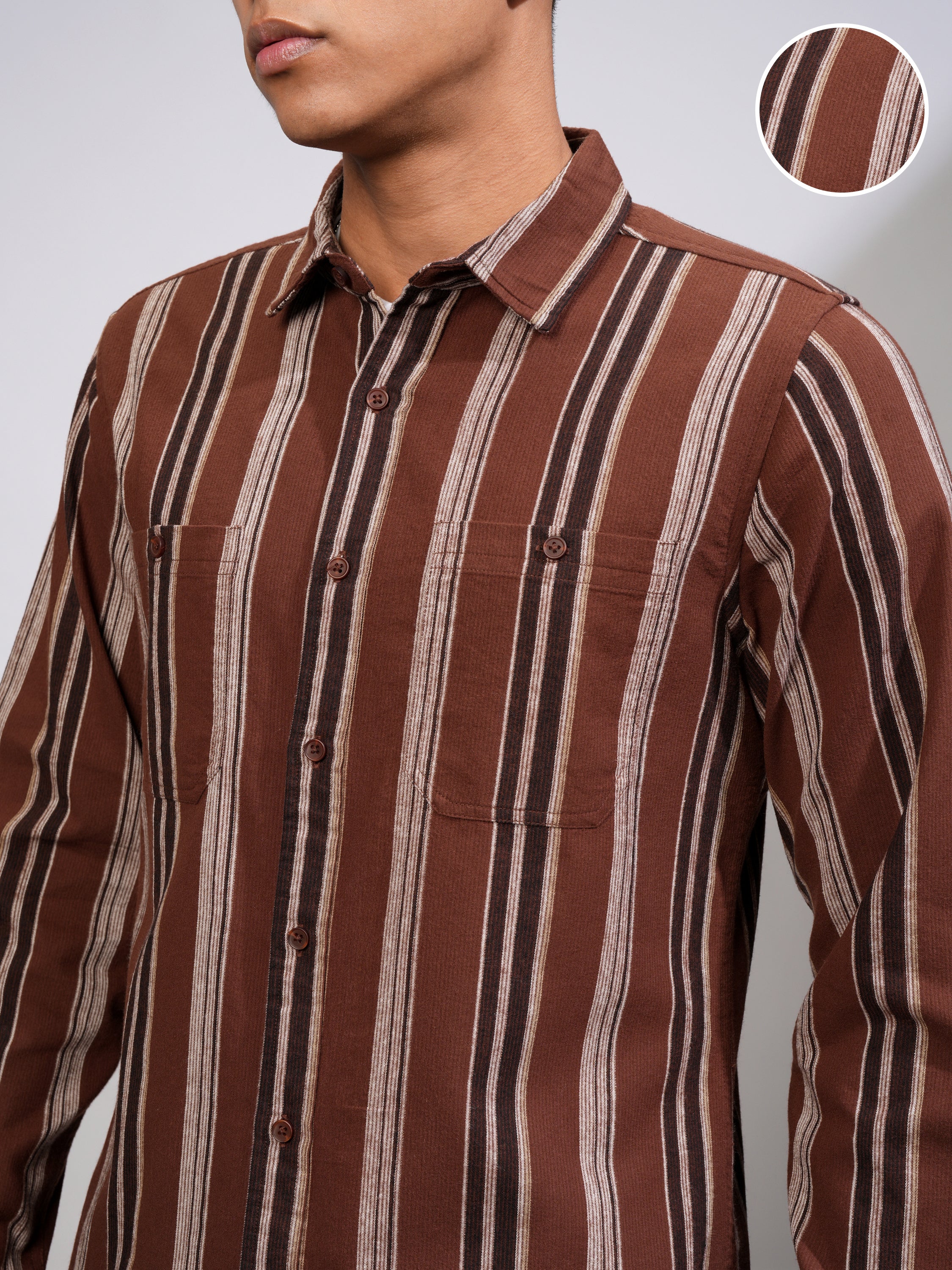 Highlander Men Rust Striped Slim Fit Casual Shirt - Rust - Image 5