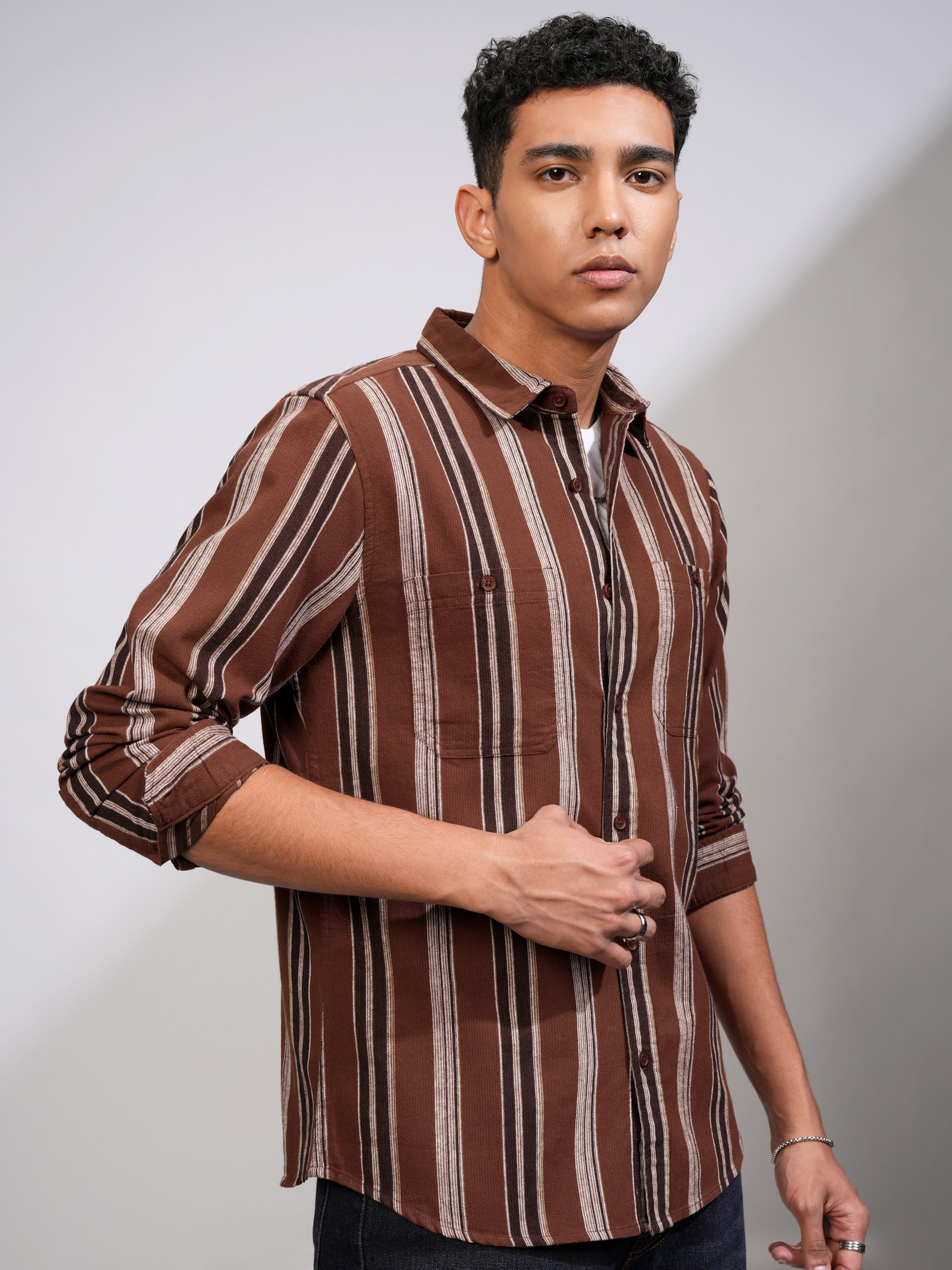 Highlander Men Rust Striped Slim Fit Casual Shirt - Rust - Image 6