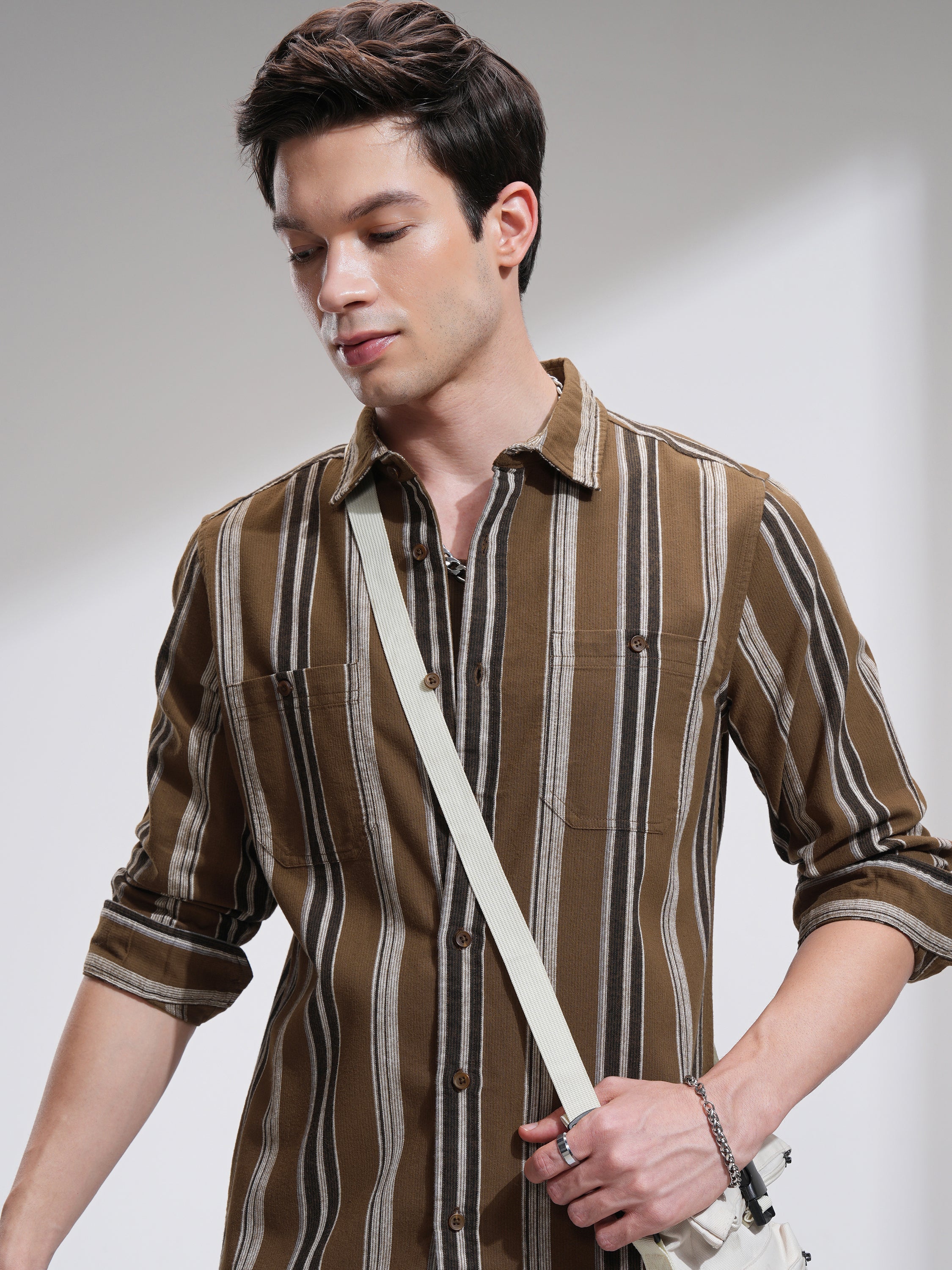 Highlander Men Mustard Striped Slim Fit Casual Shirt - Mustard - Image 1