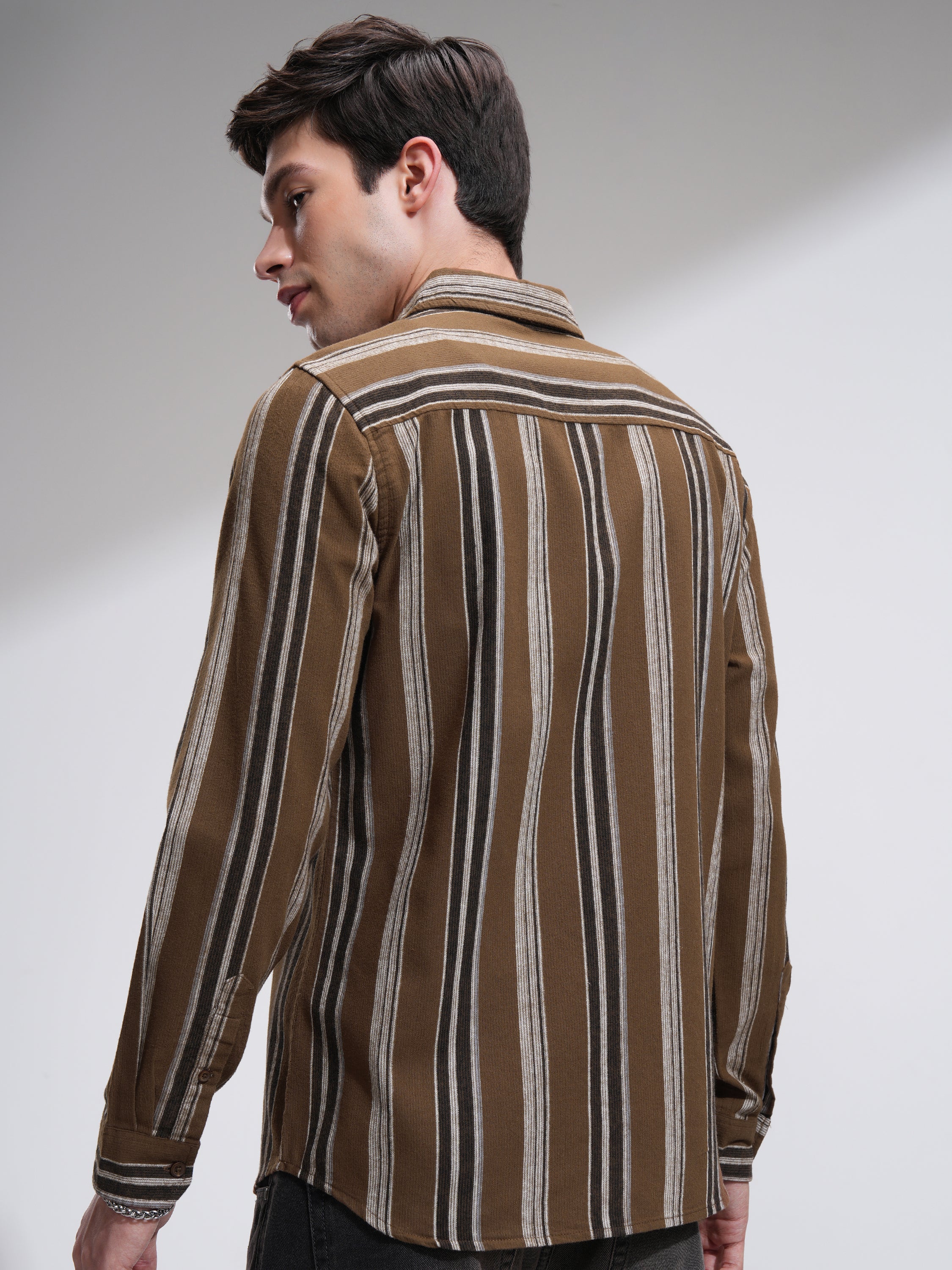 Highlander Men Mustard Striped Slim Fit Casual Shirt - Mustard - Image 3