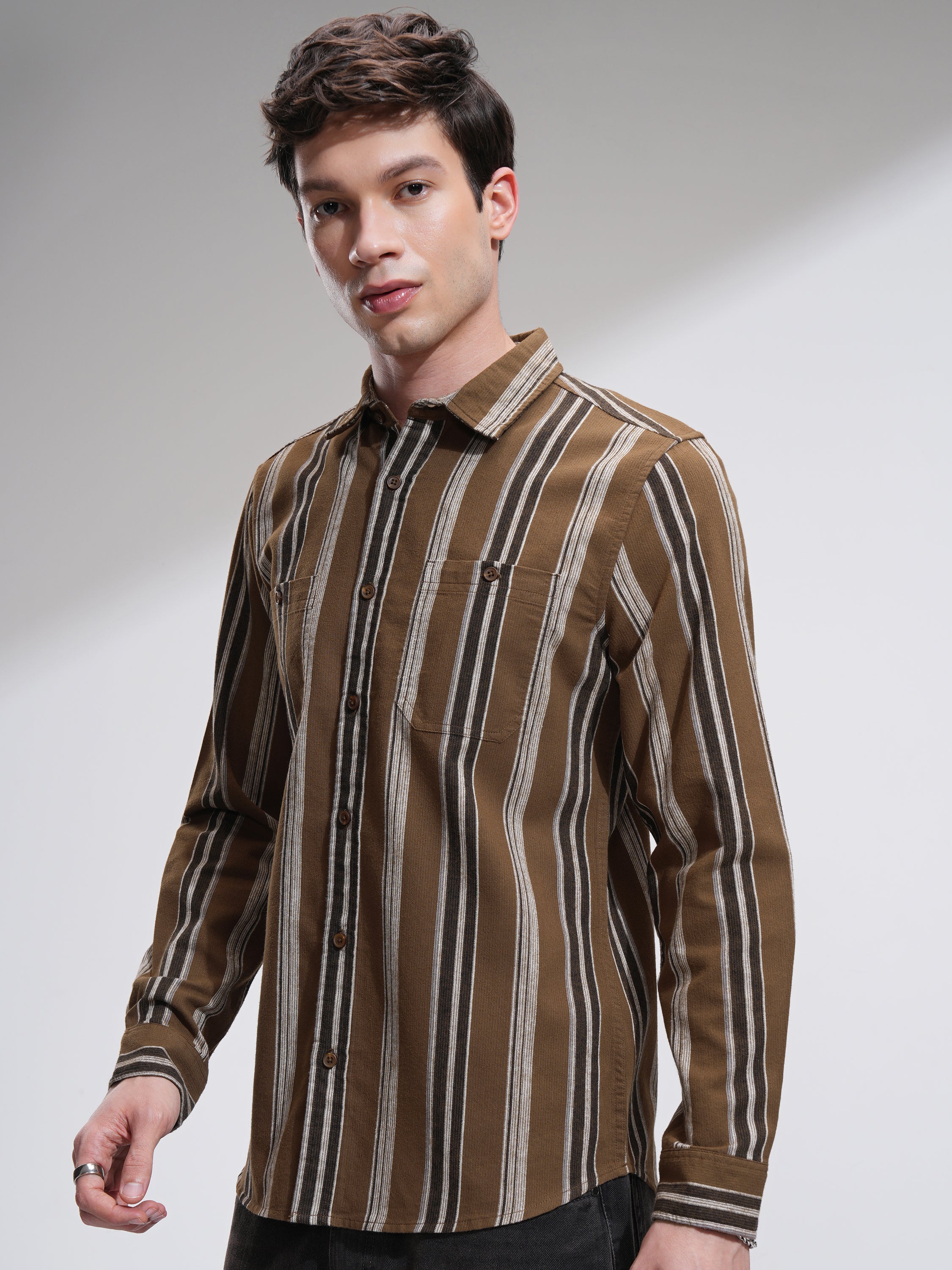 Highlander Men Mustard Striped Slim Fit Casual Shirt - Mustard - Image 4