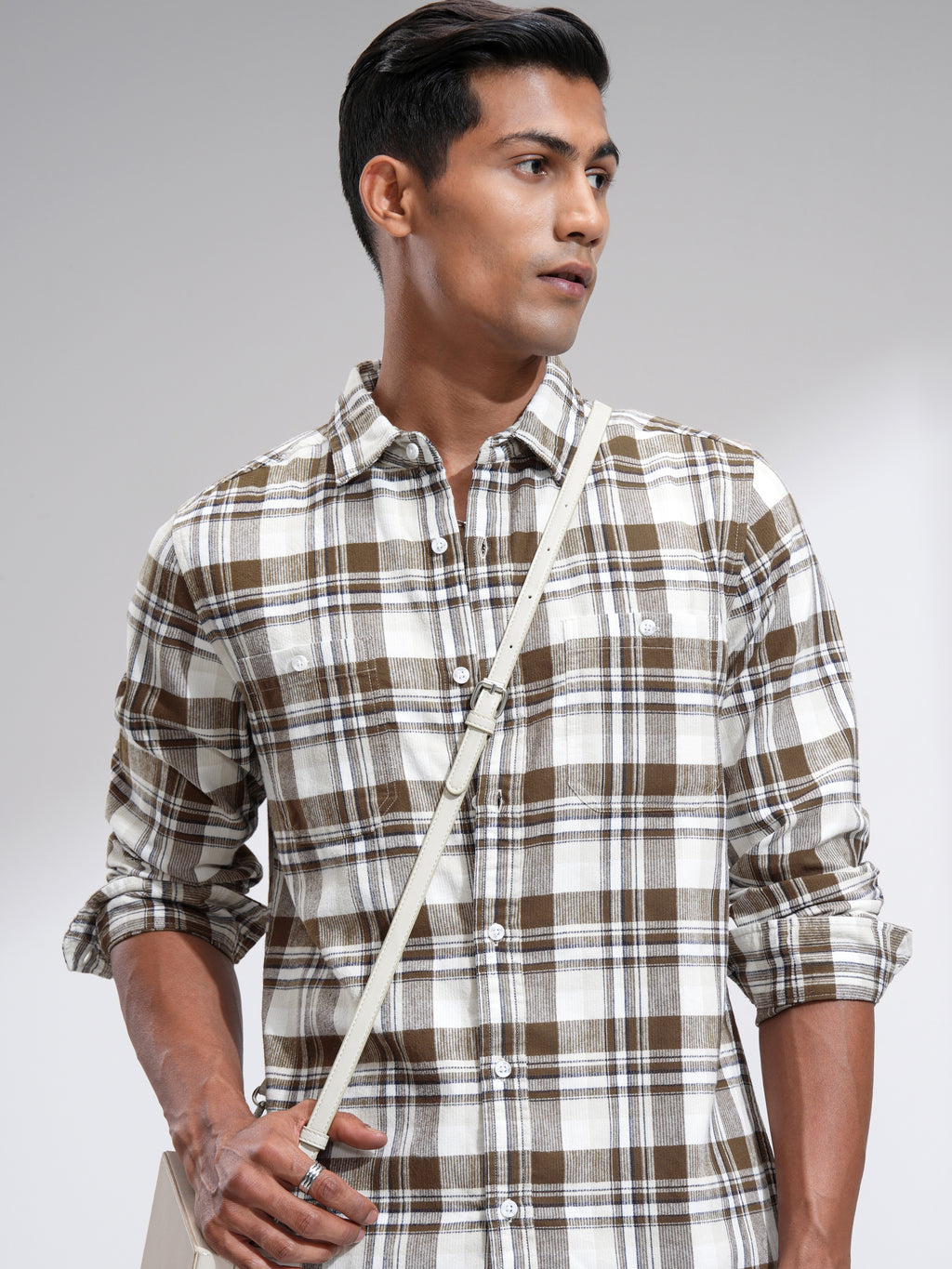 Highlander Men Off White Checked Slim Fit Casual Shirt - Off White - Image 1