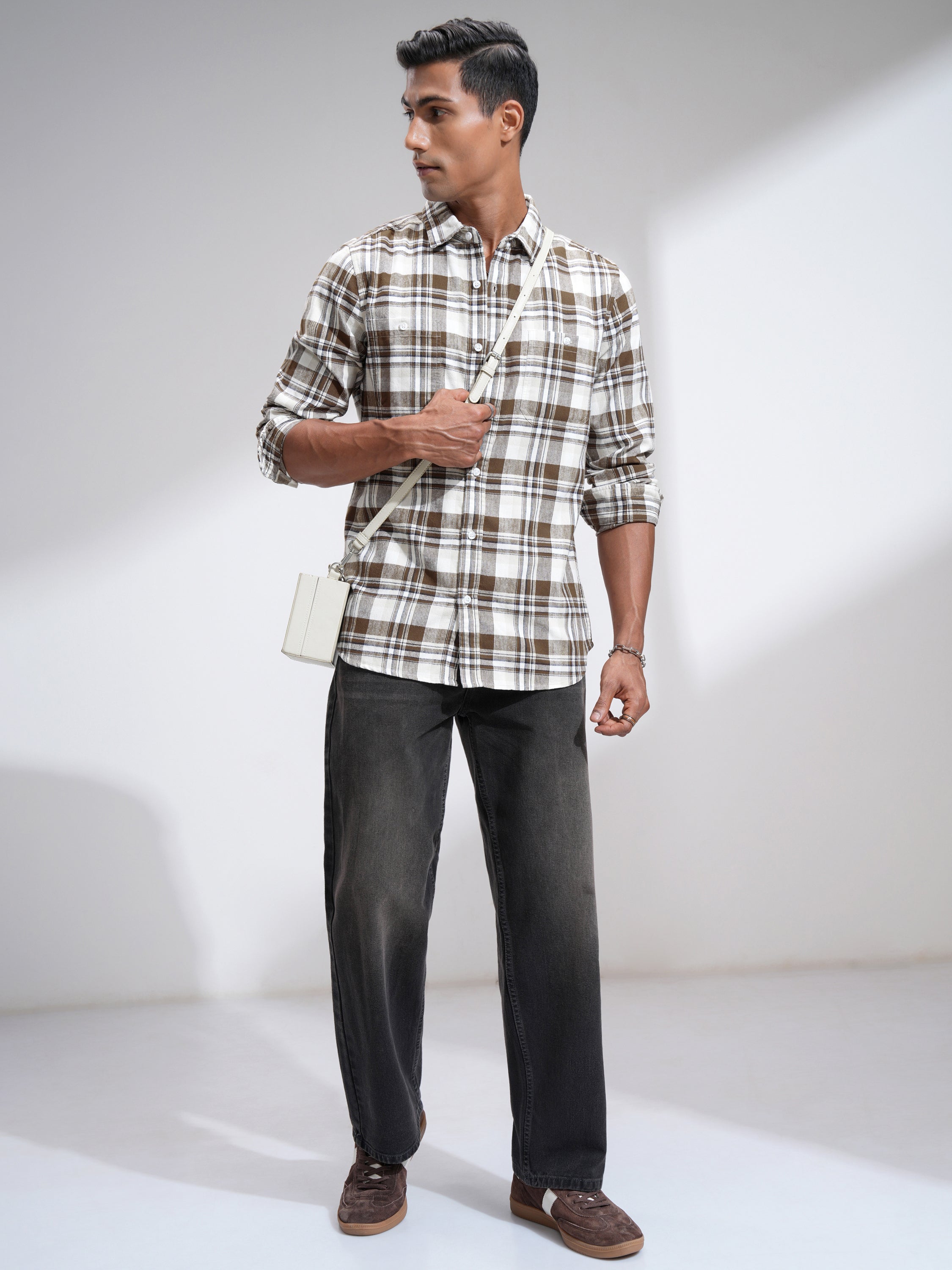 Highlander Men Off White Checked Slim Fit Casual Shirt - Off White - Image 2