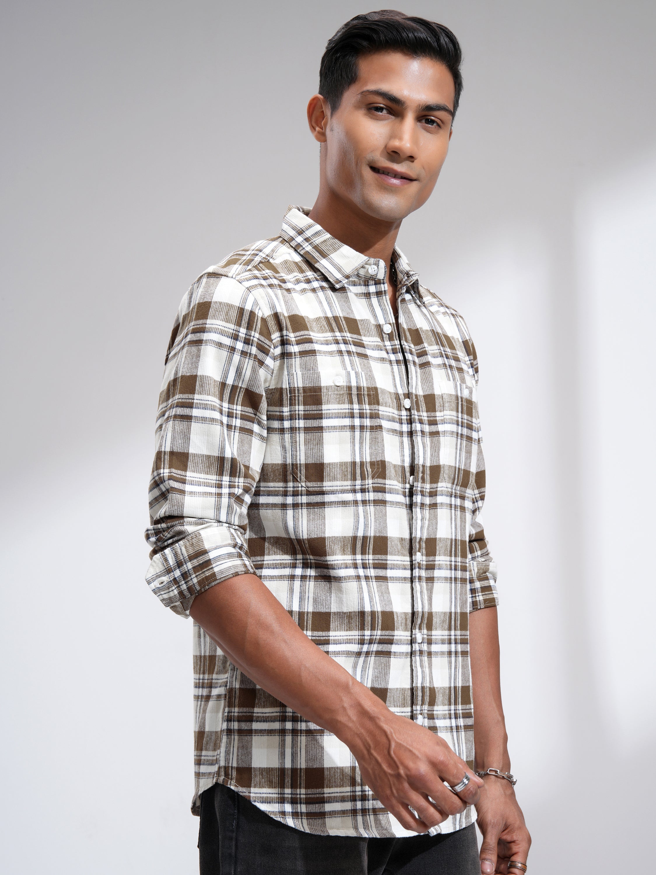 Highlander Men Off White Checked Slim Fit Casual Shirt - Off White - Image 6