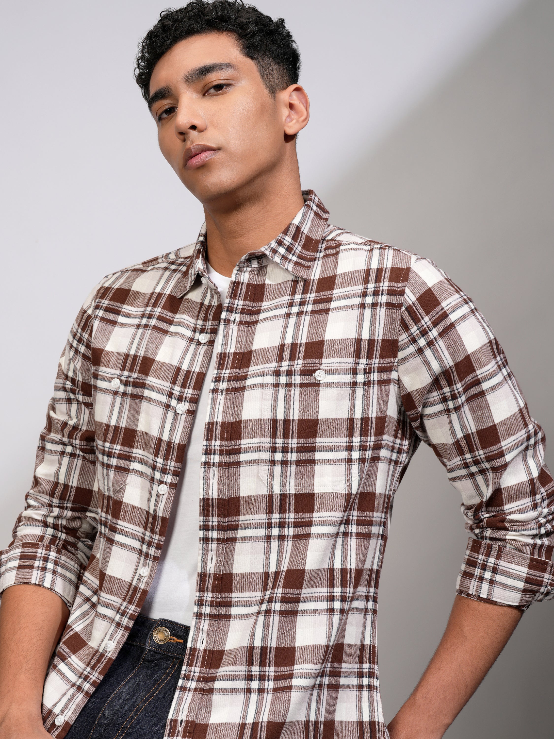 Highlander Men Rust Checked Slim Fit Casual Shirt - Rust - Image 1