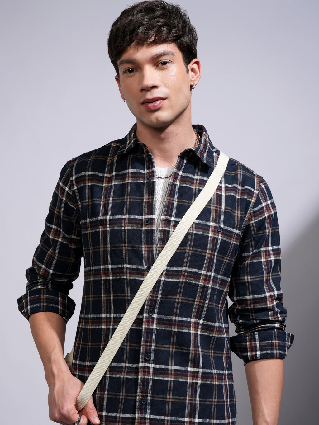 Highlander Men Navy Blue Checked Slim Fit Casual Shirt - Navy Blue - Image 1