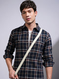 Highlander Men Navy Blue Checked Slim Fit Casual Shirt - Navy Blue - Image 1