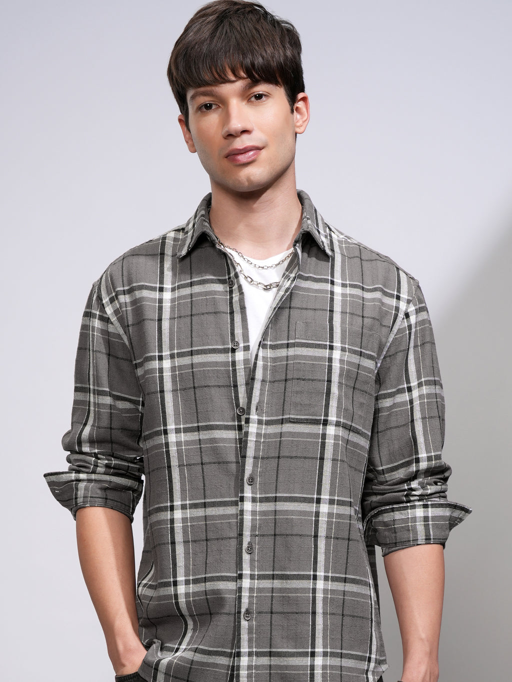 Highlander Men Grey Checked Relaxed Fit Casual Shirt - Grey - Image 1