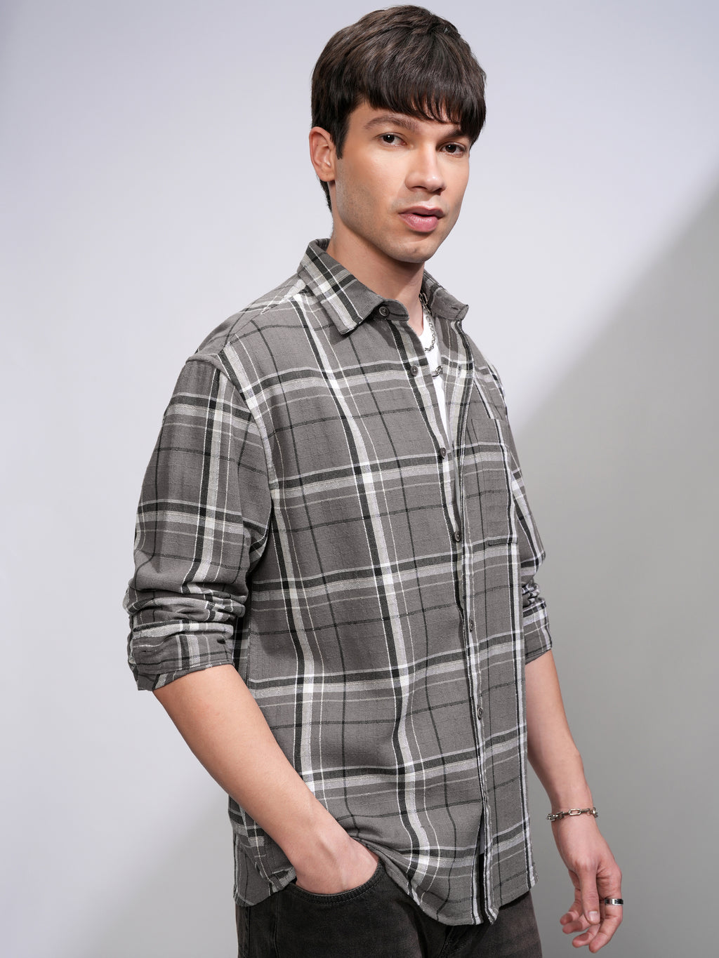 Highlander Men Grey Checked Relaxed Fit Casual Shirt - Grey - Image 6