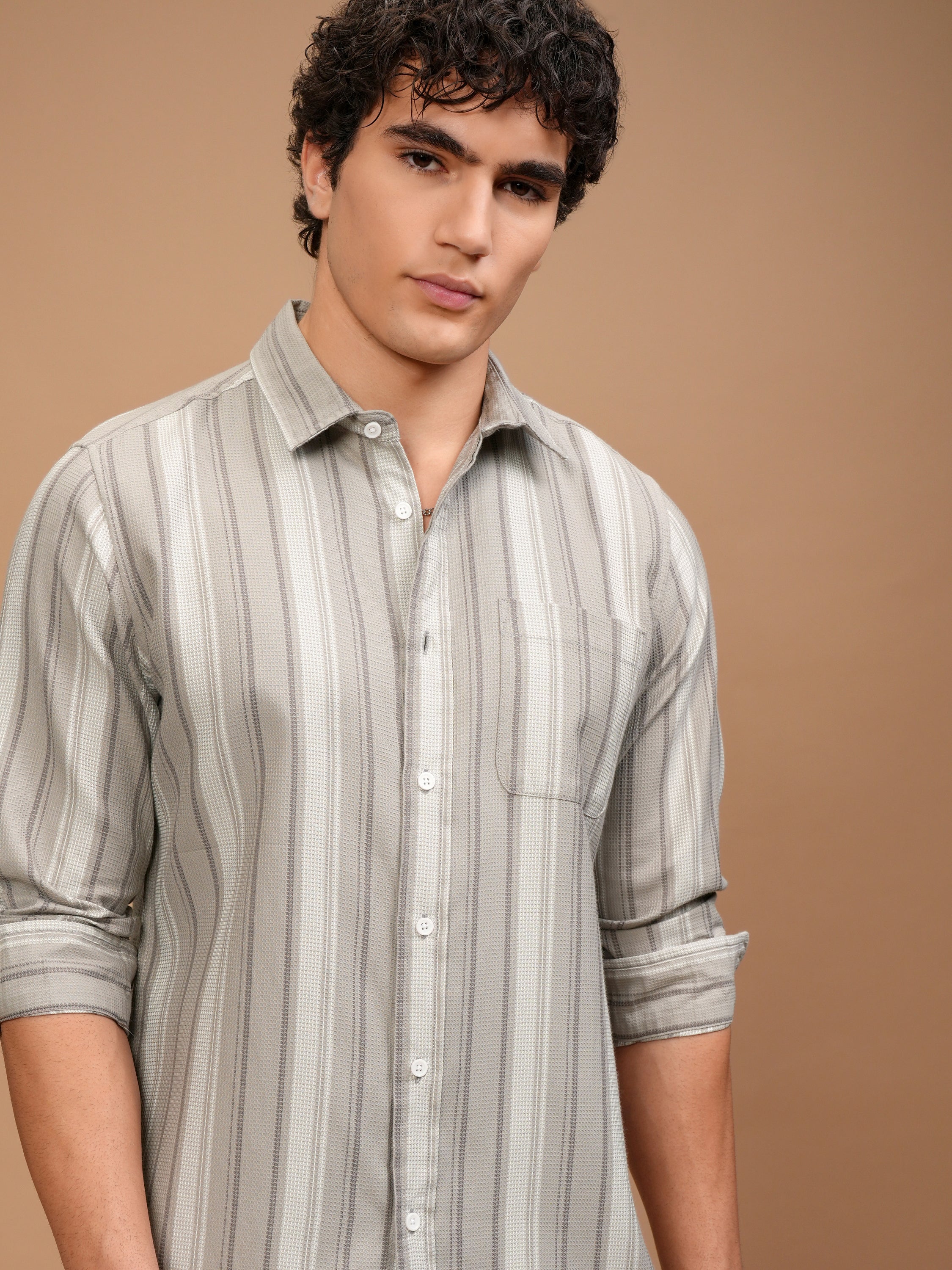 Highlander Men Beige Striped Slim Fit Casual Shirt - Beige - Image 1