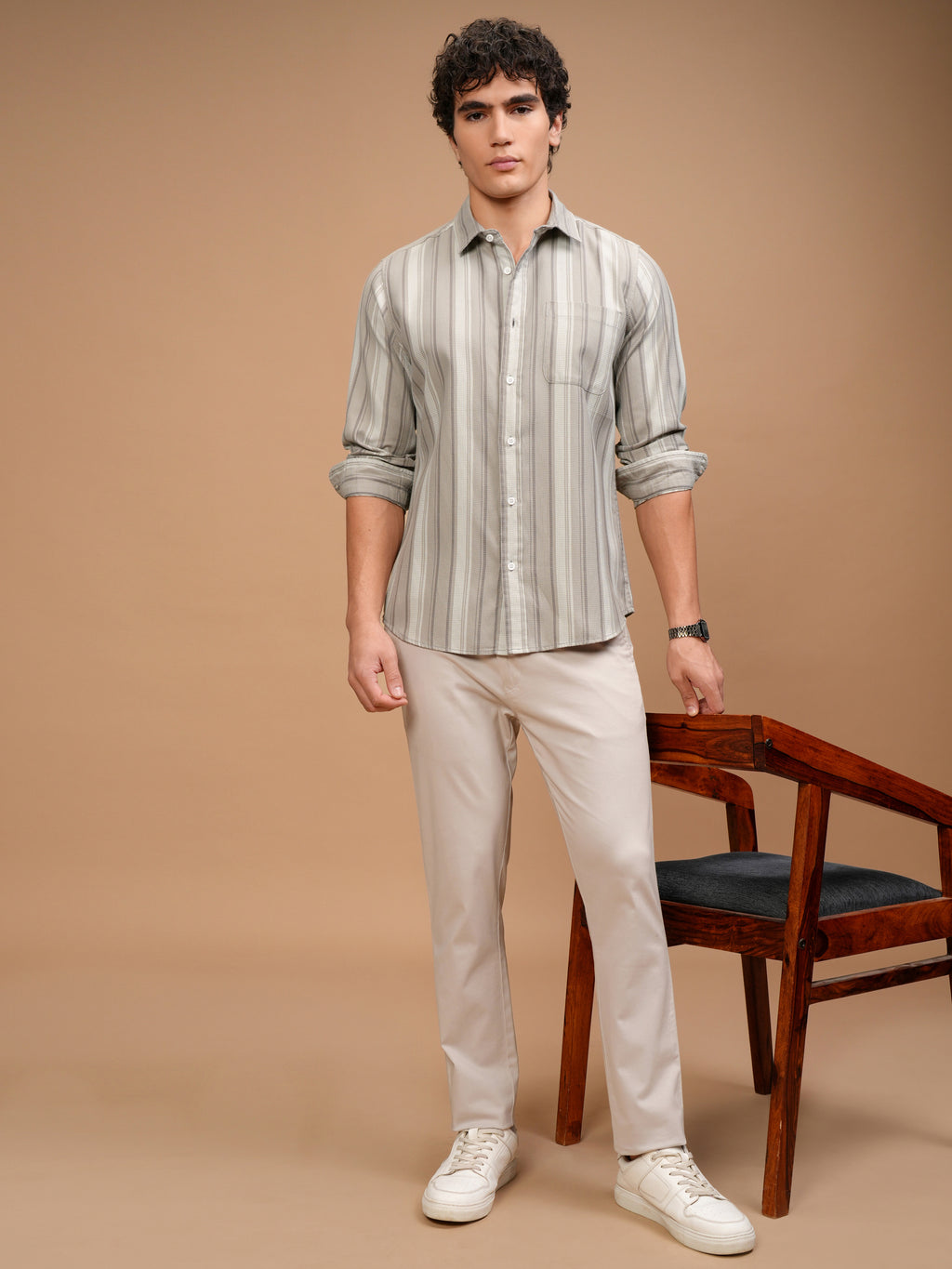 Highlander Men Beige Striped Slim Fit Casual Shirt - Beige - Image 2
