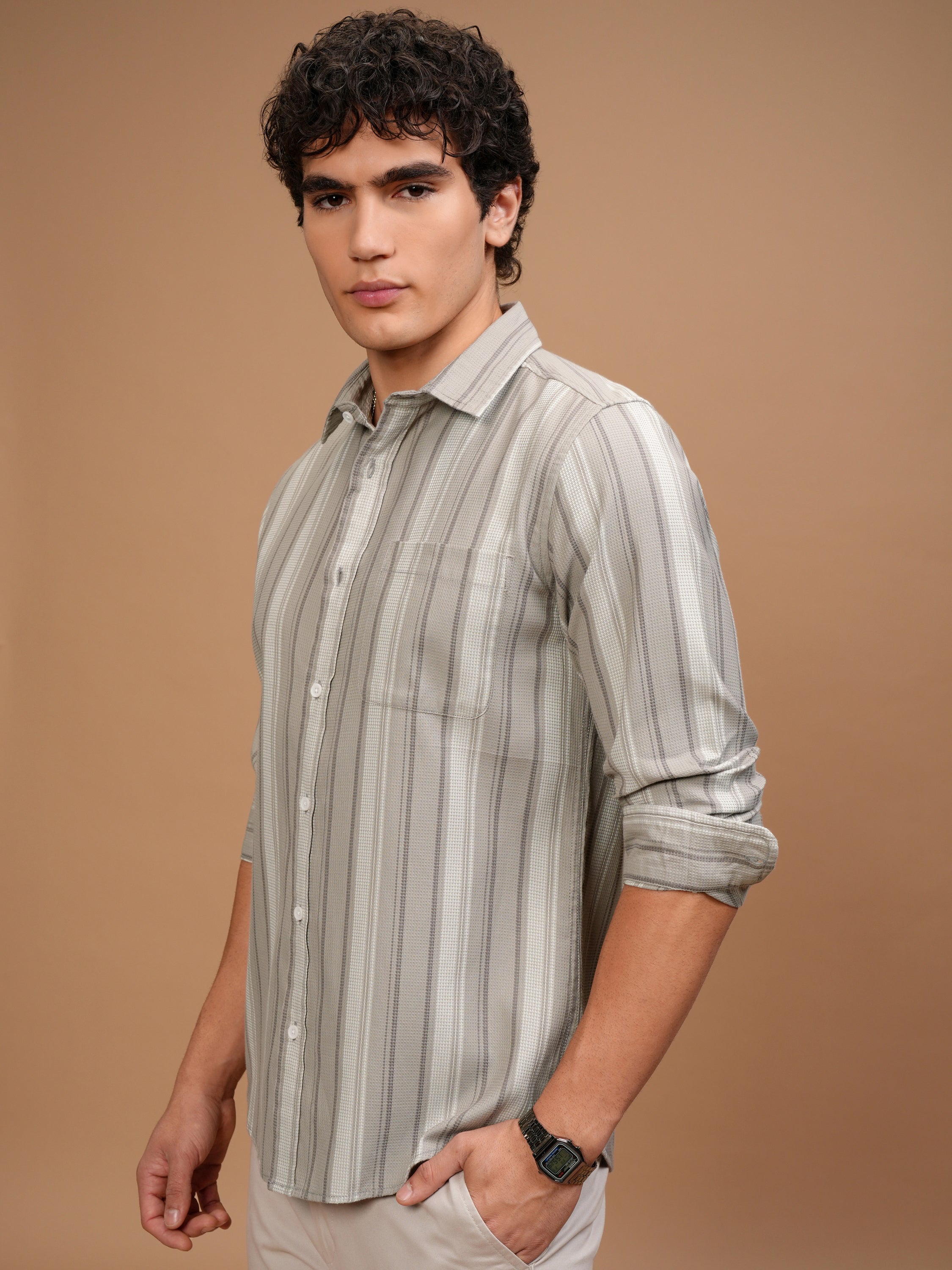 Highlander Men Beige Striped Slim Fit Casual Shirt - Beige - Image 4