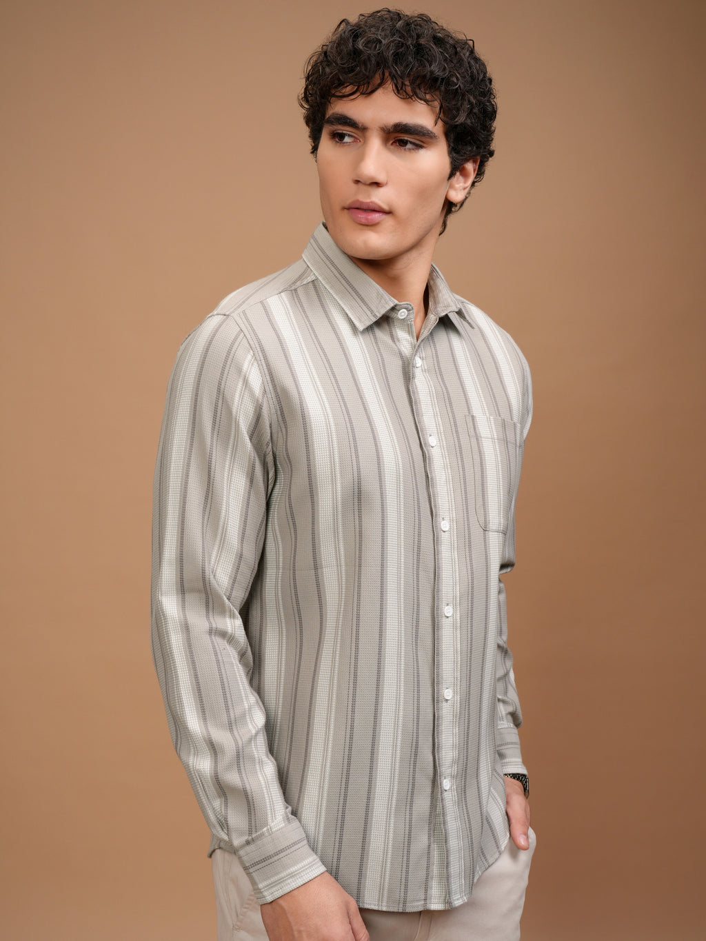 Highlander Men Beige Striped Slim Fit Casual Shirt - Beige - Image 6