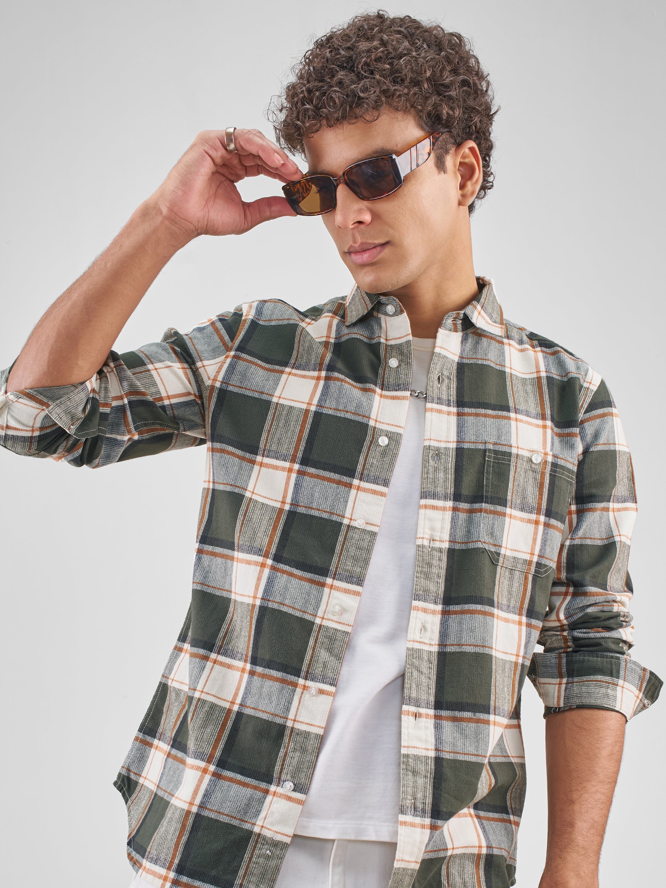 Highlander Men Cream Checked Slim Fit Casual Shirt - Cream - Image 1