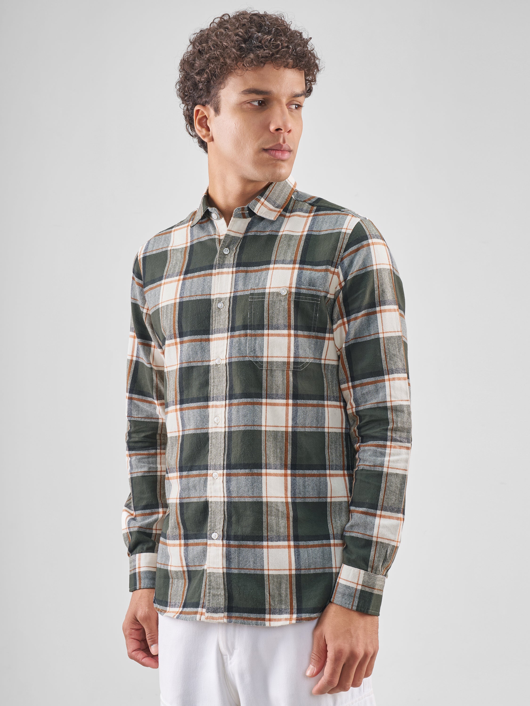 Highlander Men Cream Checked Slim Fit Casual Shirt - Cream - Image 4