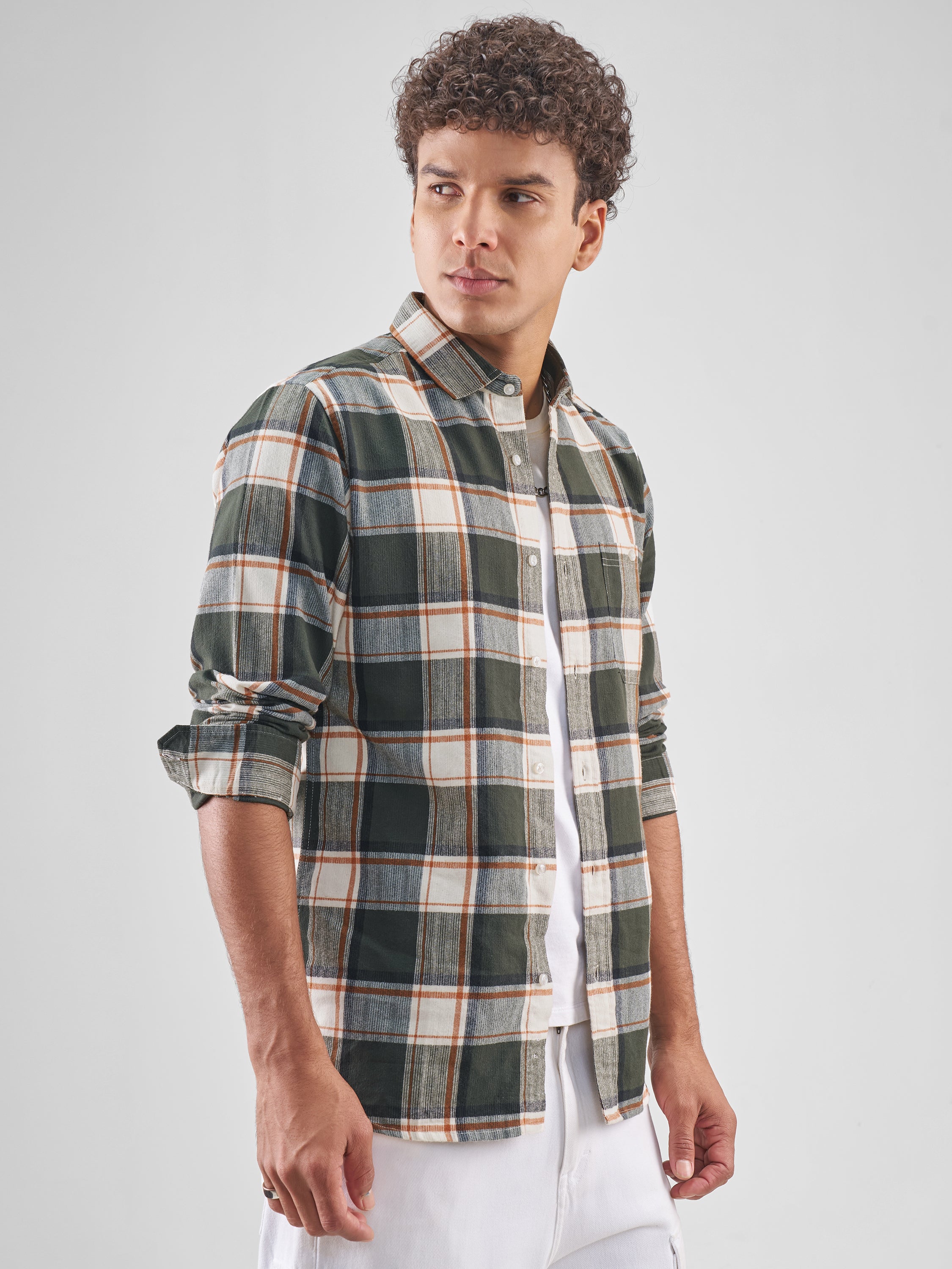 Highlander Men Cream Checked Slim Fit Casual Shirt - Cream - Image 6