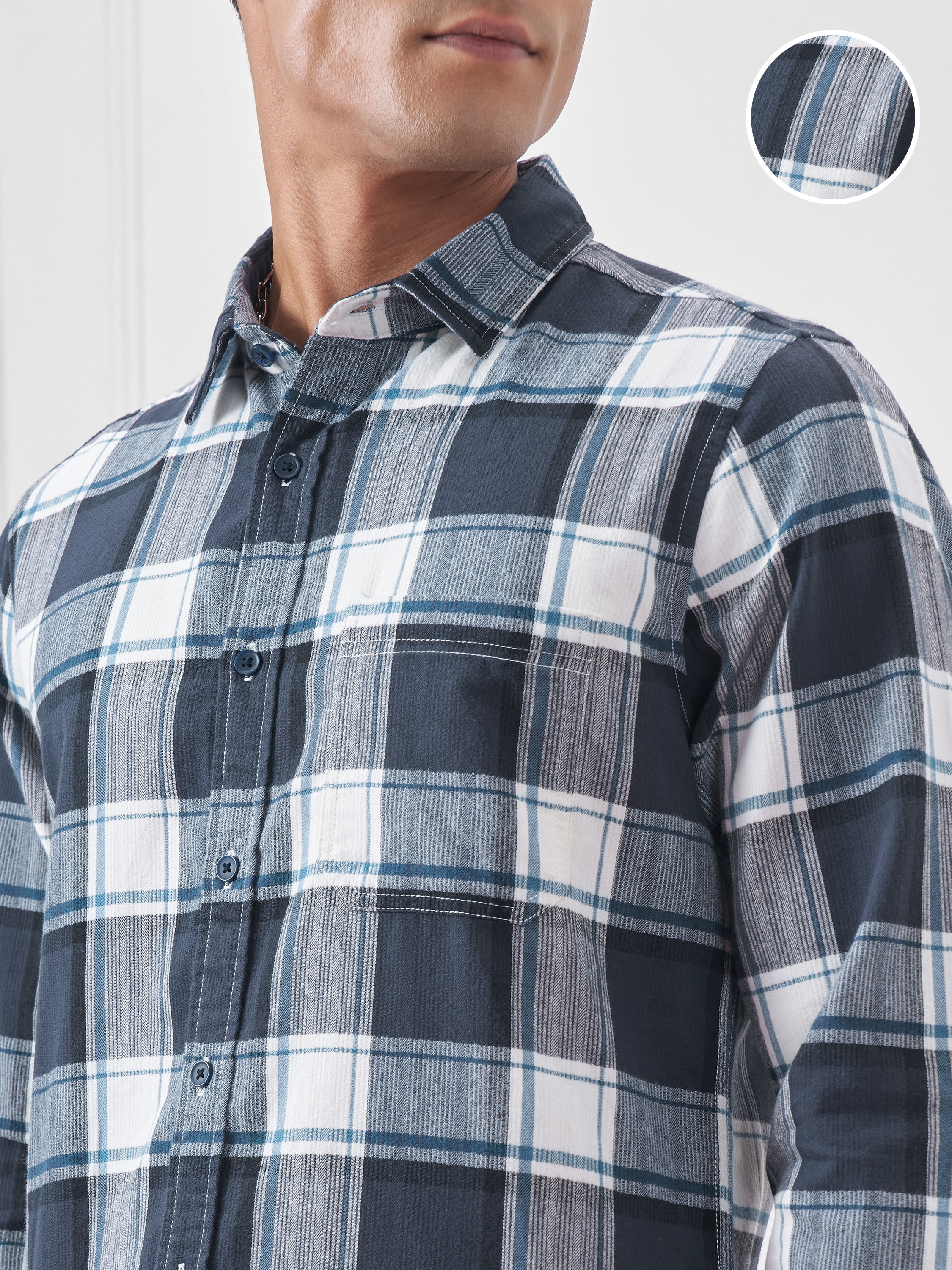 Highlander Men Navy Blue Checked Slim Fit Casual Shirt - Navy Blue - Image 5