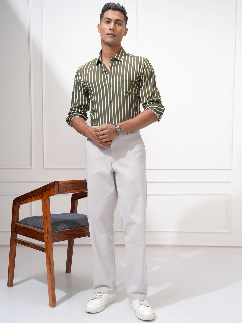 Highlander Men Green Striped Slim Fit Casual Shirt - Green - Image 2