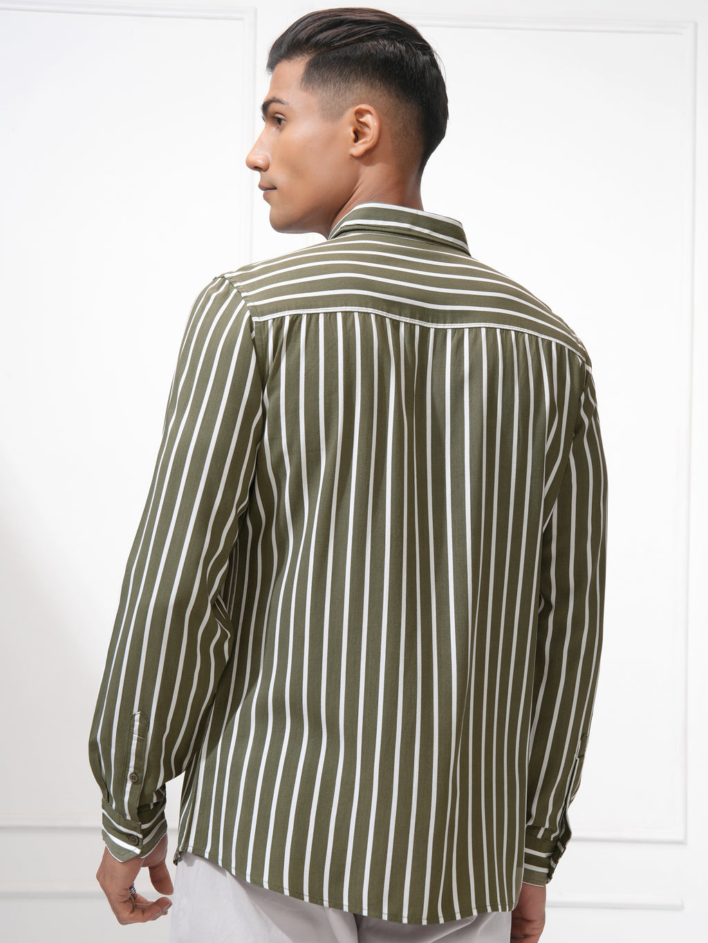 Highlander Men Green Striped Slim Fit Casual Shirt - Green - Image 3