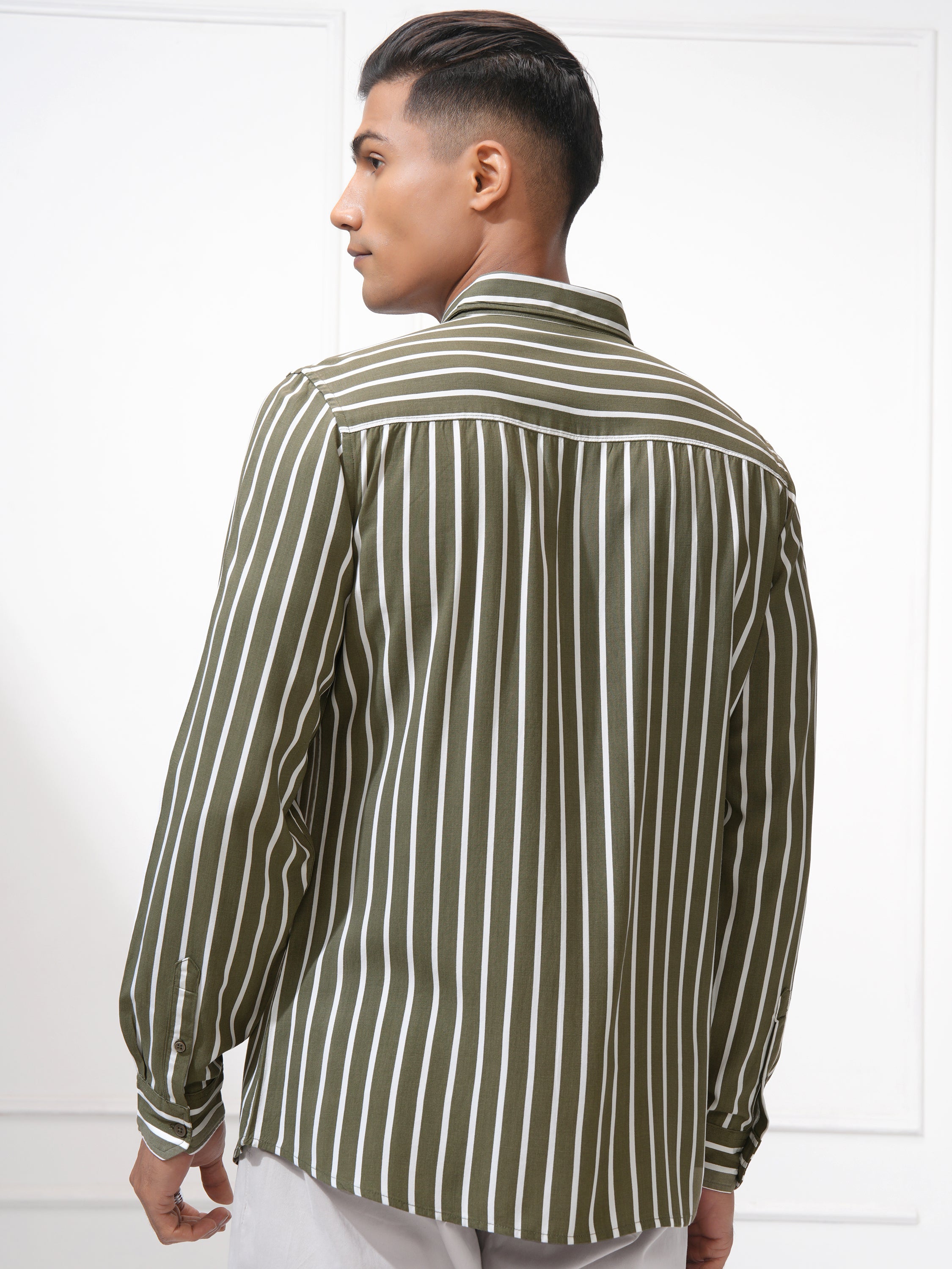 Highlander Men Green Striped Slim Fit Casual Shirt - Green - Image 3