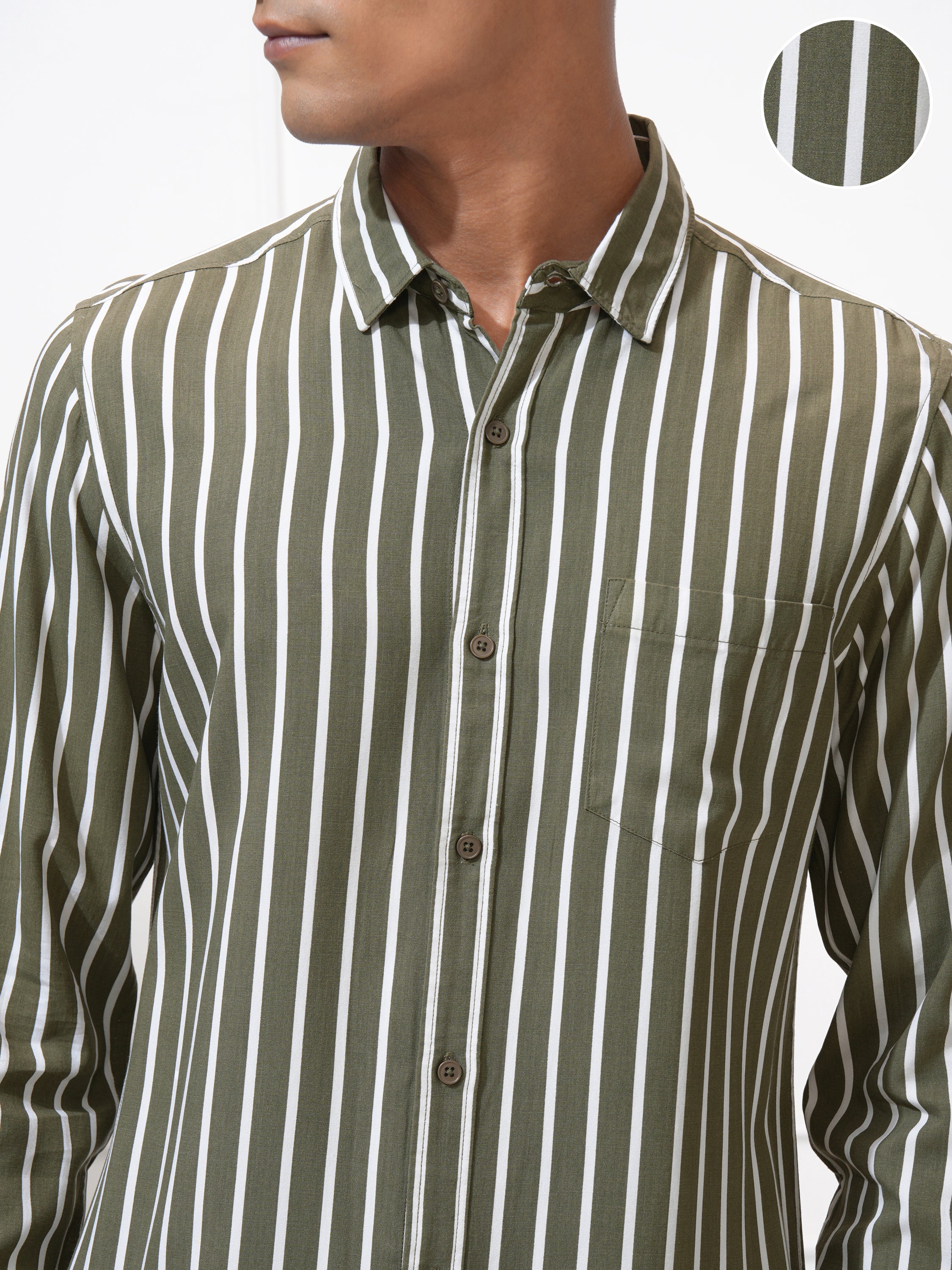 Highlander Men Green Striped Slim Fit Casual Shirt - Green - Image 5