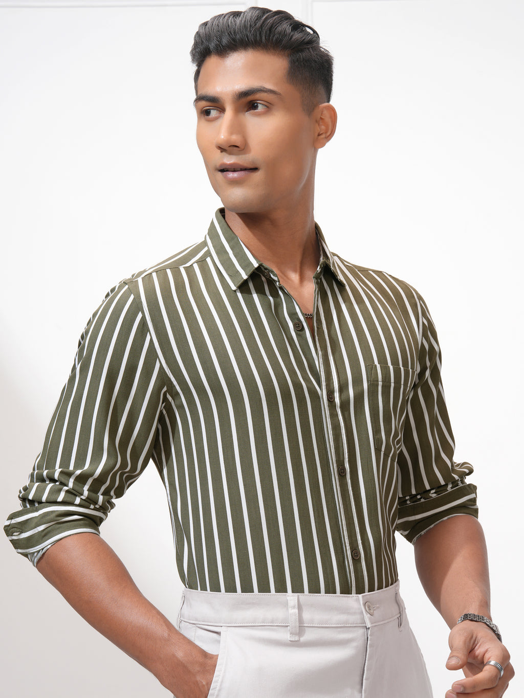Highlander Men Green Striped Slim Fit Casual Shirt - Green - Image 6