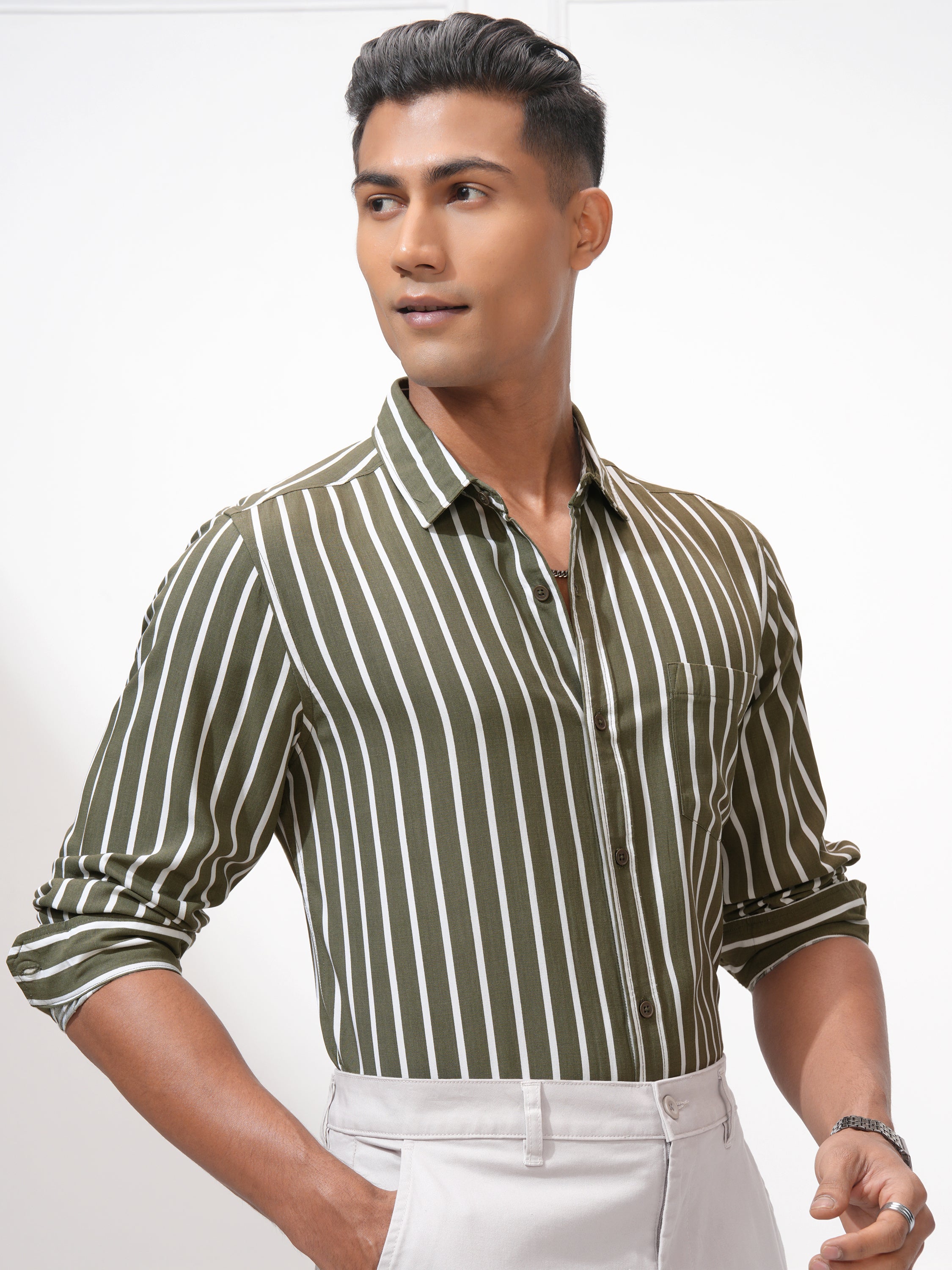 Highlander Men Green Striped Slim Fit Casual Shirt - Green - Image 6