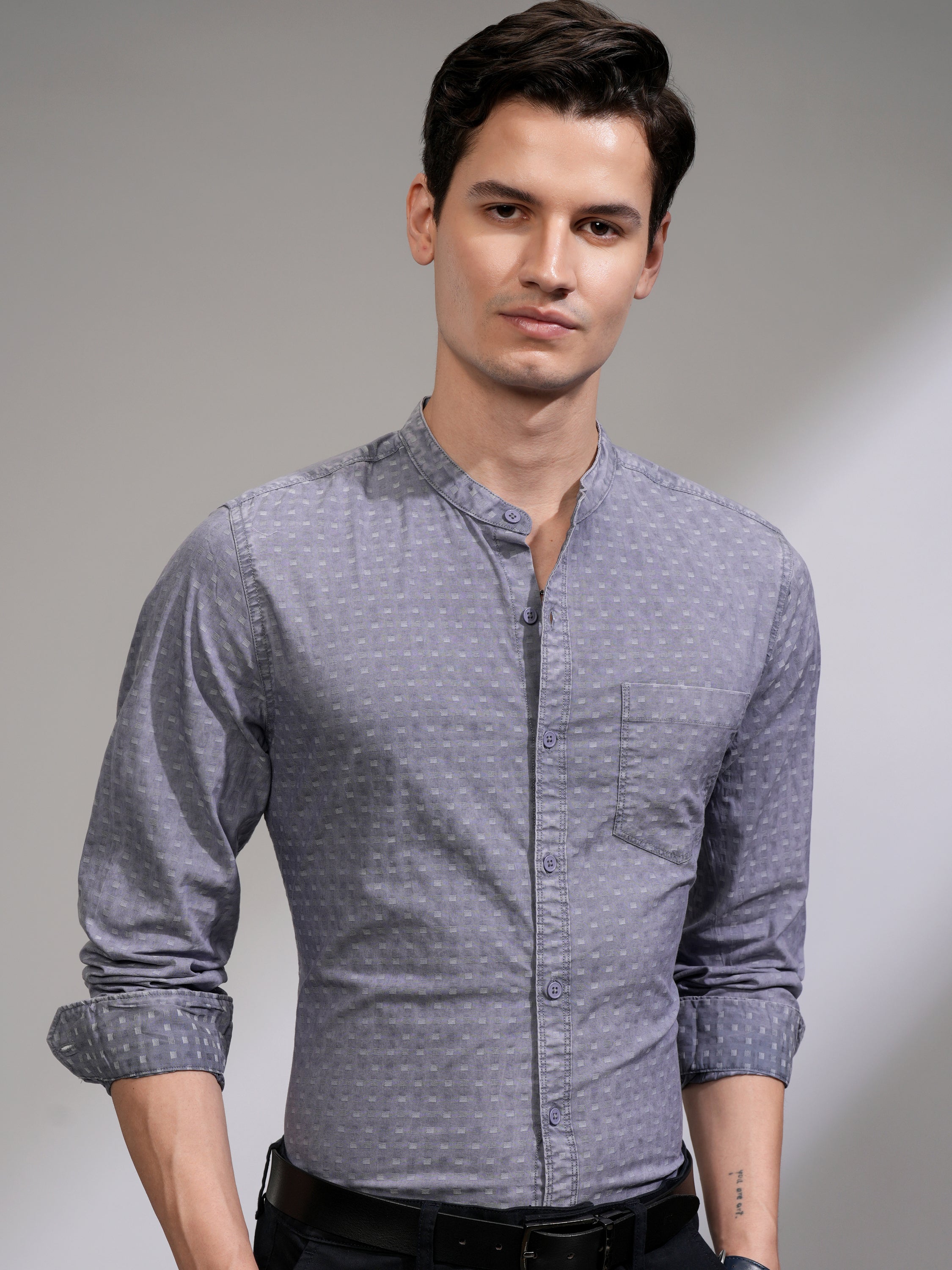 Highlander Men Blue Textured Slim Fit Casual Shirt - Blue - Image 1