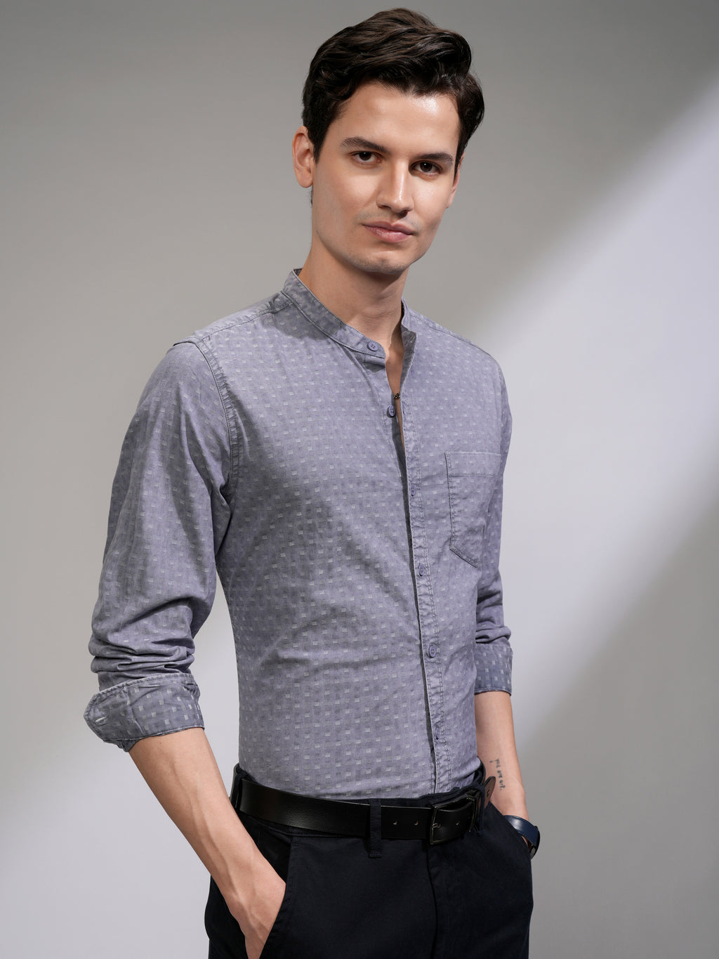 Highlander Men Blue Textured Slim Fit Casual Shirt - Blue - Image 6