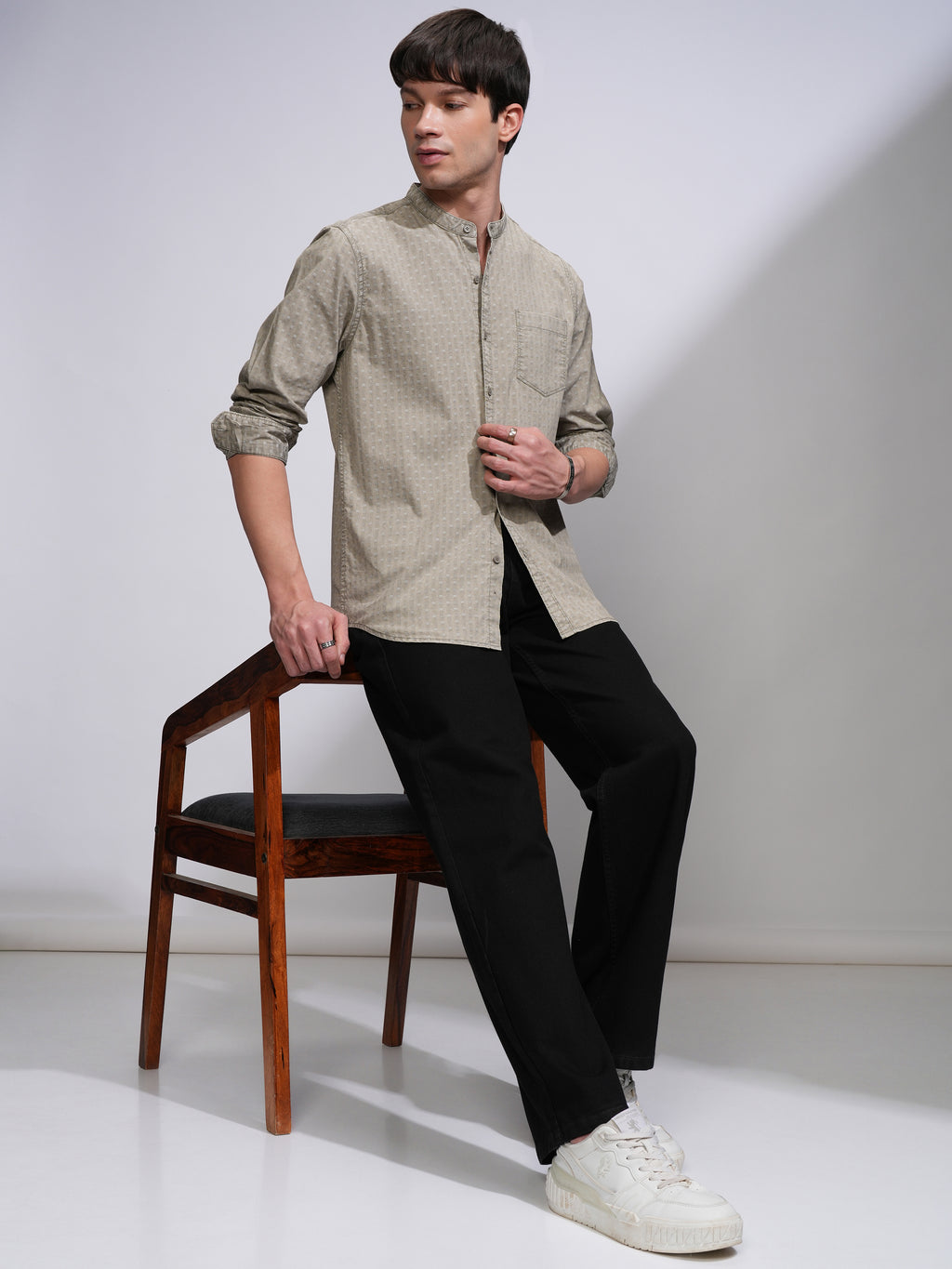 Highlander Men Olive Self Design Slim Fit Casual Shirt - Olive - Image 2
