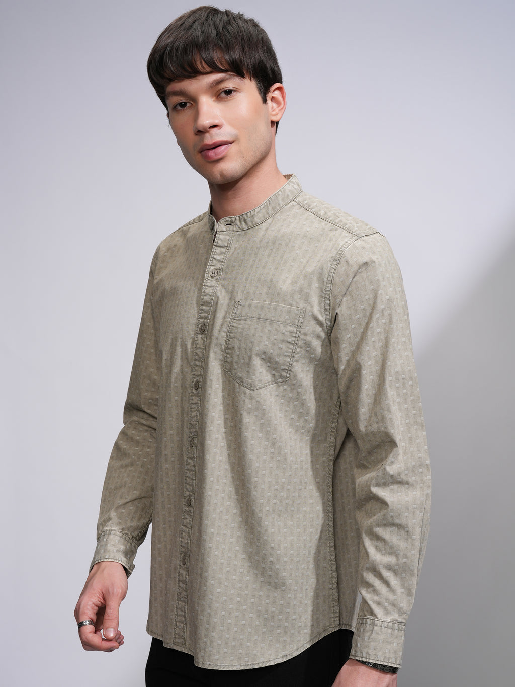 Highlander Men Olive Self Design Slim Fit Casual Shirt - Olive - Image 4