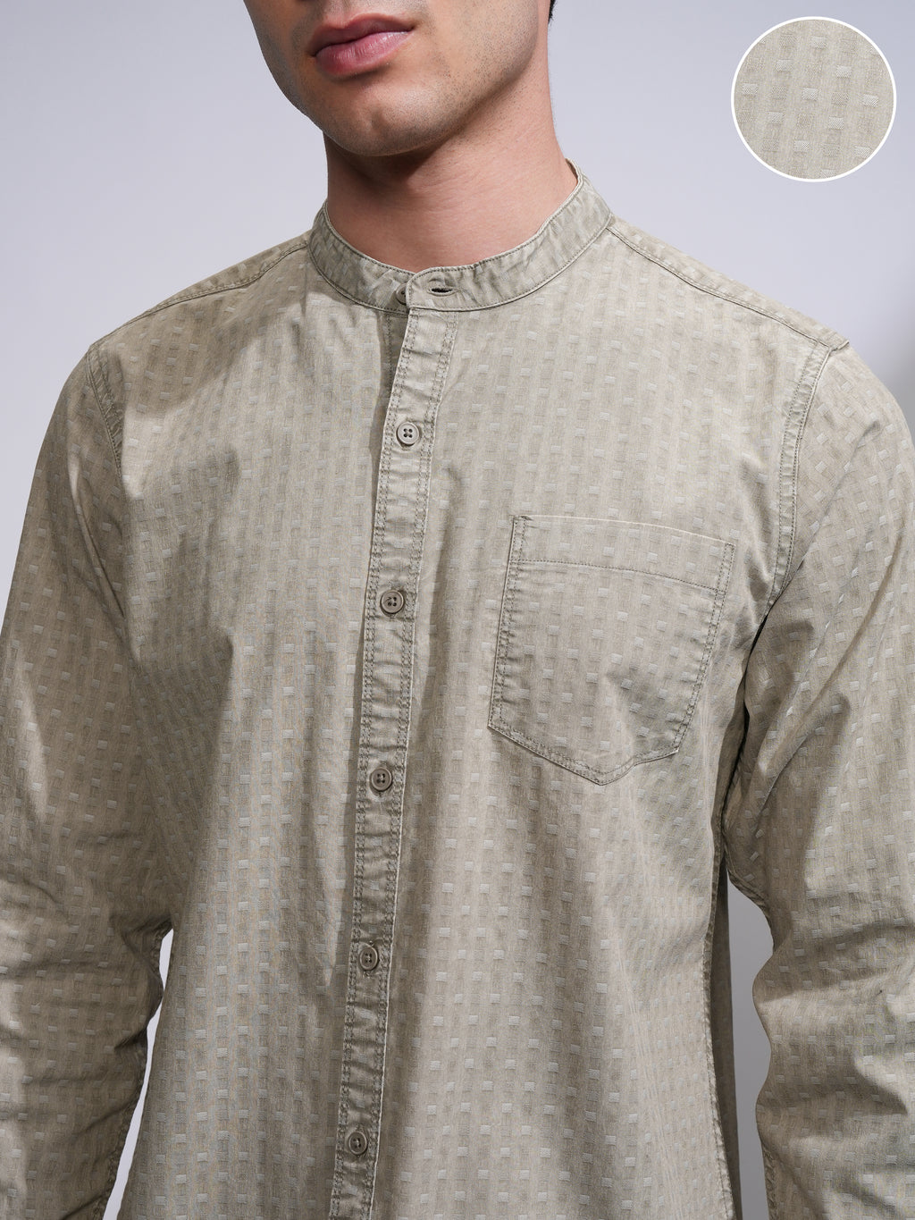 Highlander Men Olive Self Design Slim Fit Casual Shirt - Olive - Image 5