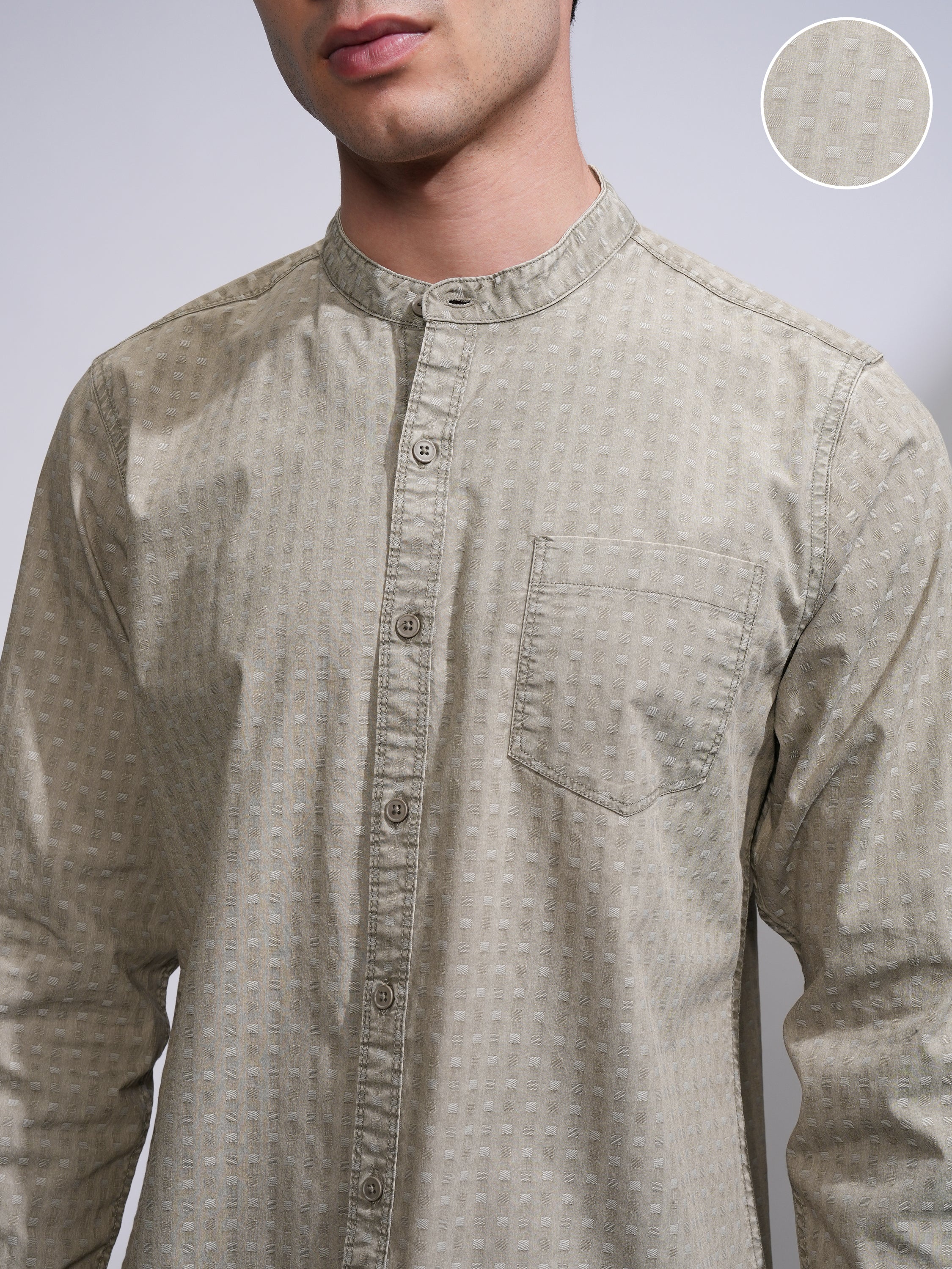 Highlander Men Olive Self Design Slim Fit Casual Shirt - Olive - Image 5