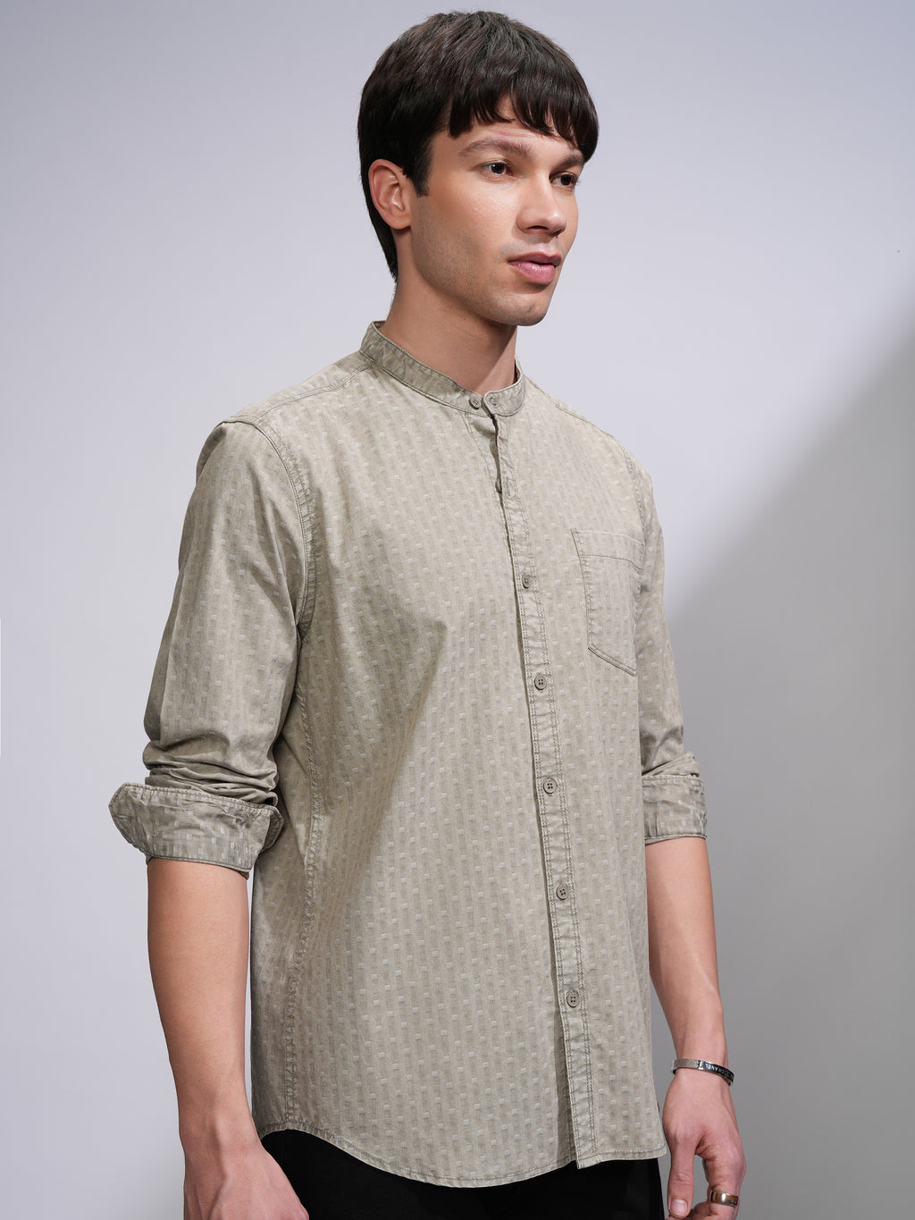 Highlander Men Olive Self Design Slim Fit Casual Shirt - Olive - Image 6
