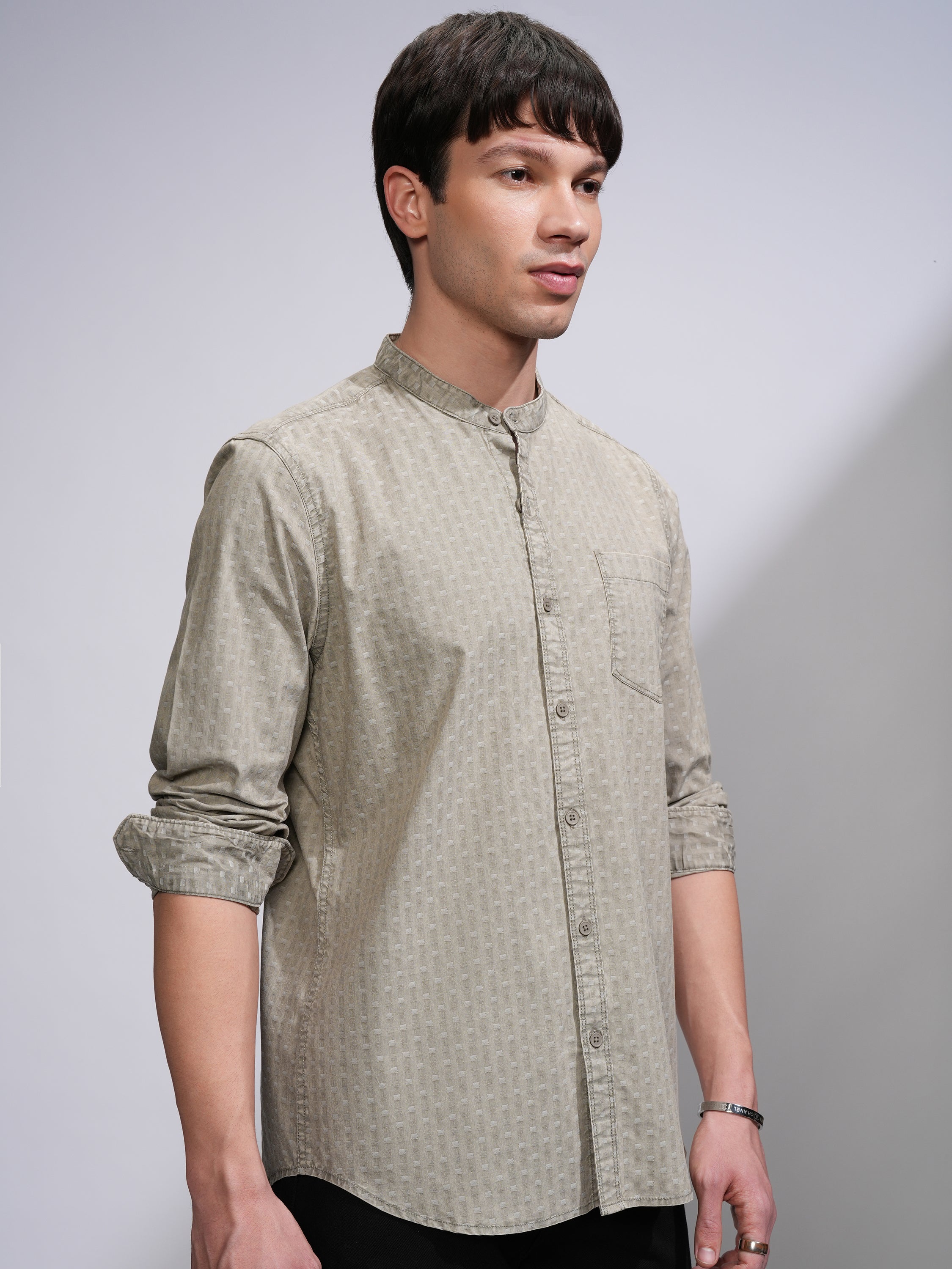 Highlander Men Olive Self Design Slim Fit Casual Shirt - Olive - Image 6