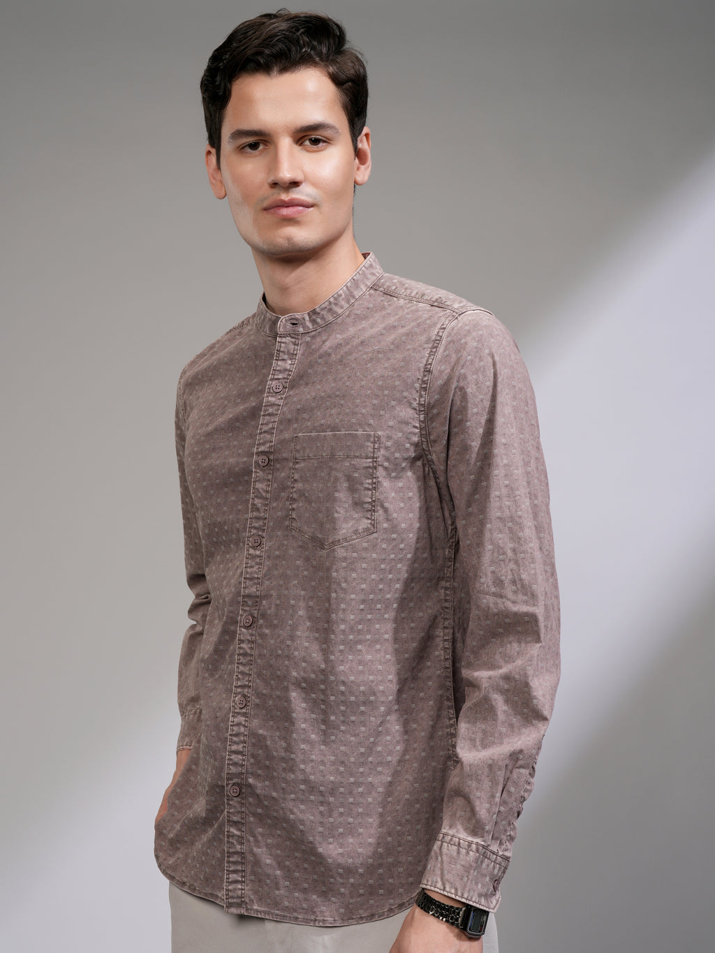 Highlander Men Maroon Self Design Slim Fit Casual Shirt - Maroon - Image 4