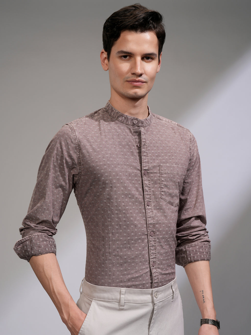 Highlander Men Maroon Self Design Slim Fit Casual Shirt - Maroon - Image 6