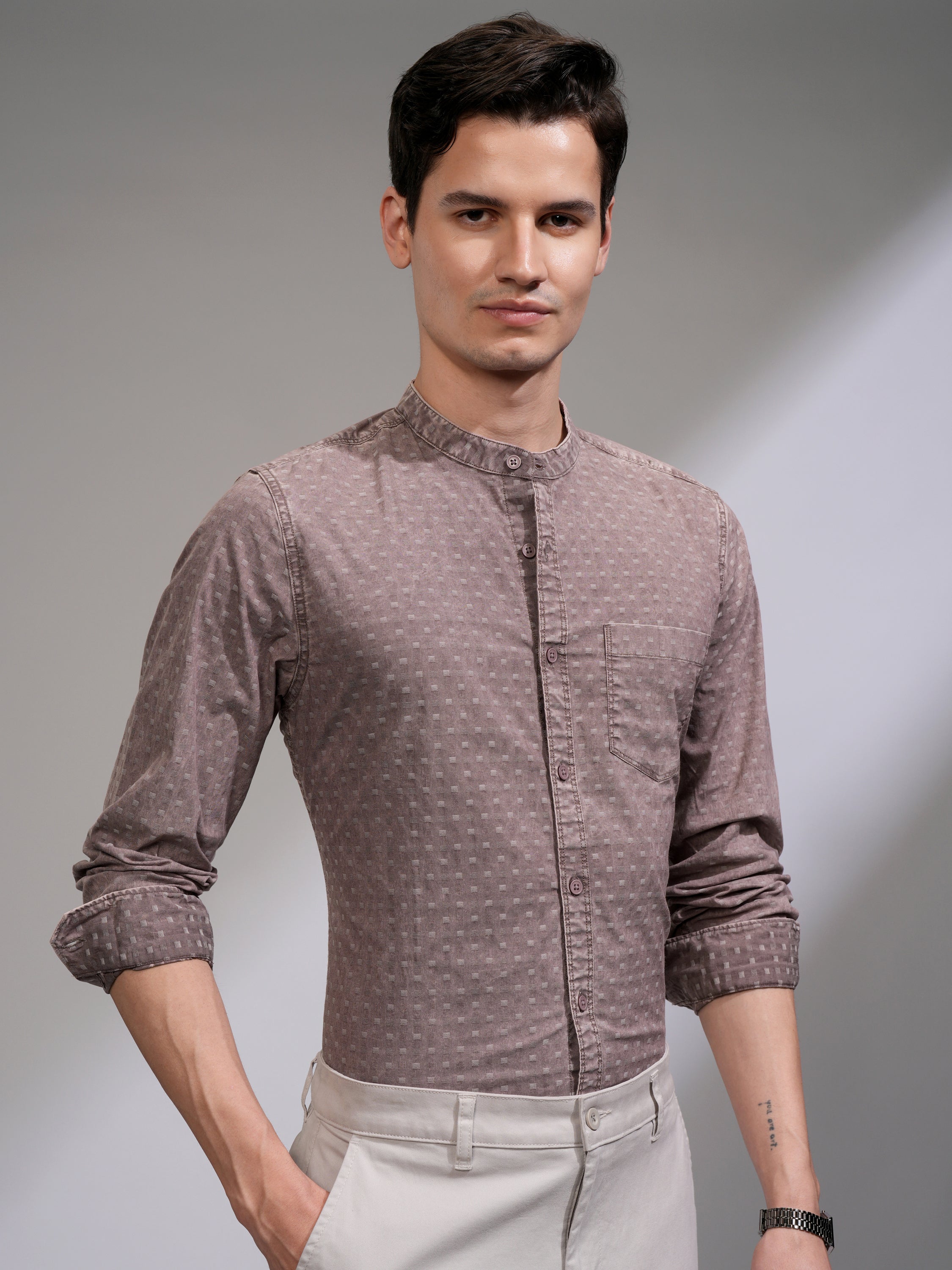 Highlander Men Maroon Self Design Slim Fit Casual Shirt - Maroon - Image 6