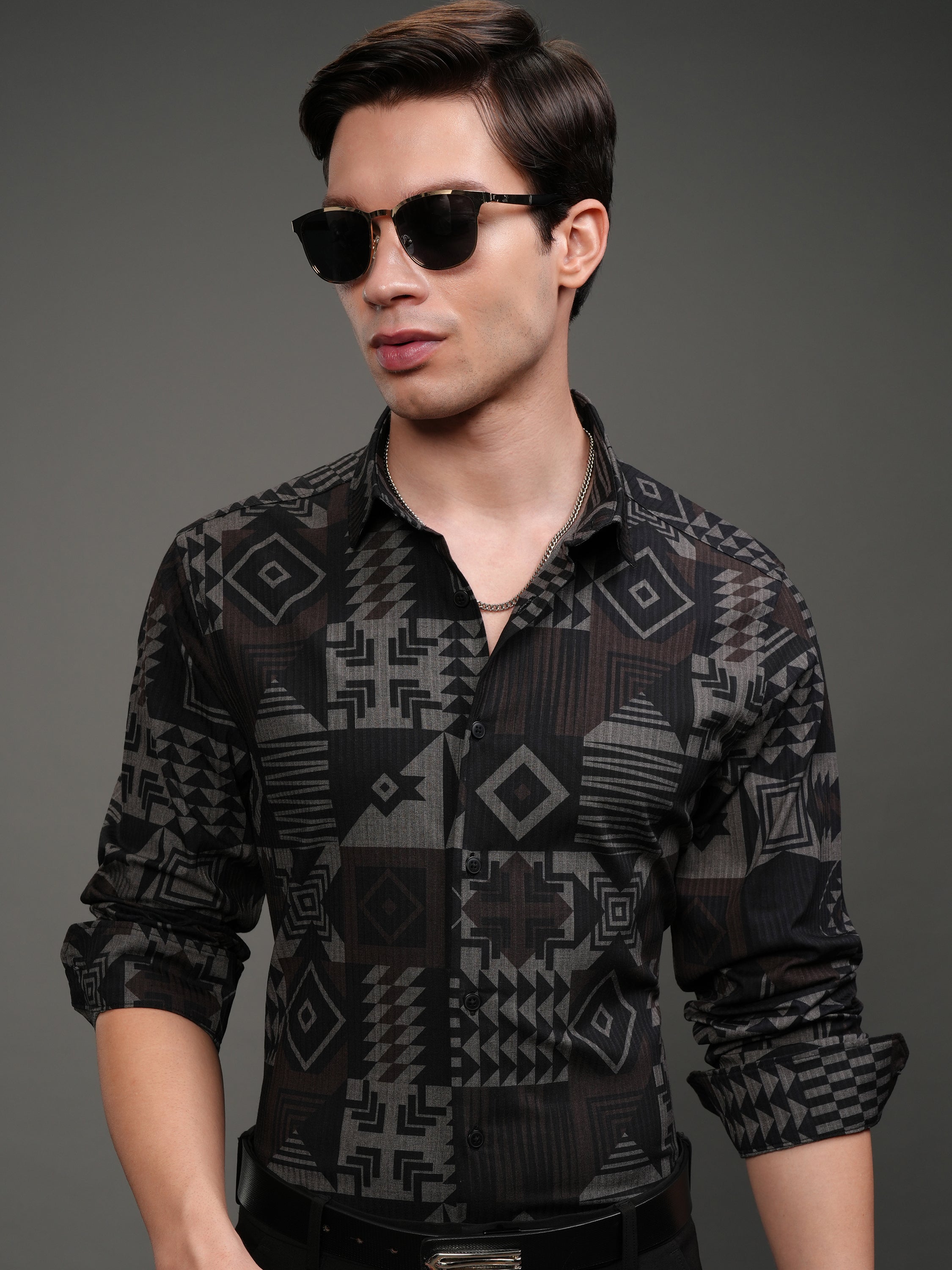 Highlander Men Brown Printed Slim Fit Casual Shirt - Brown - Image 1