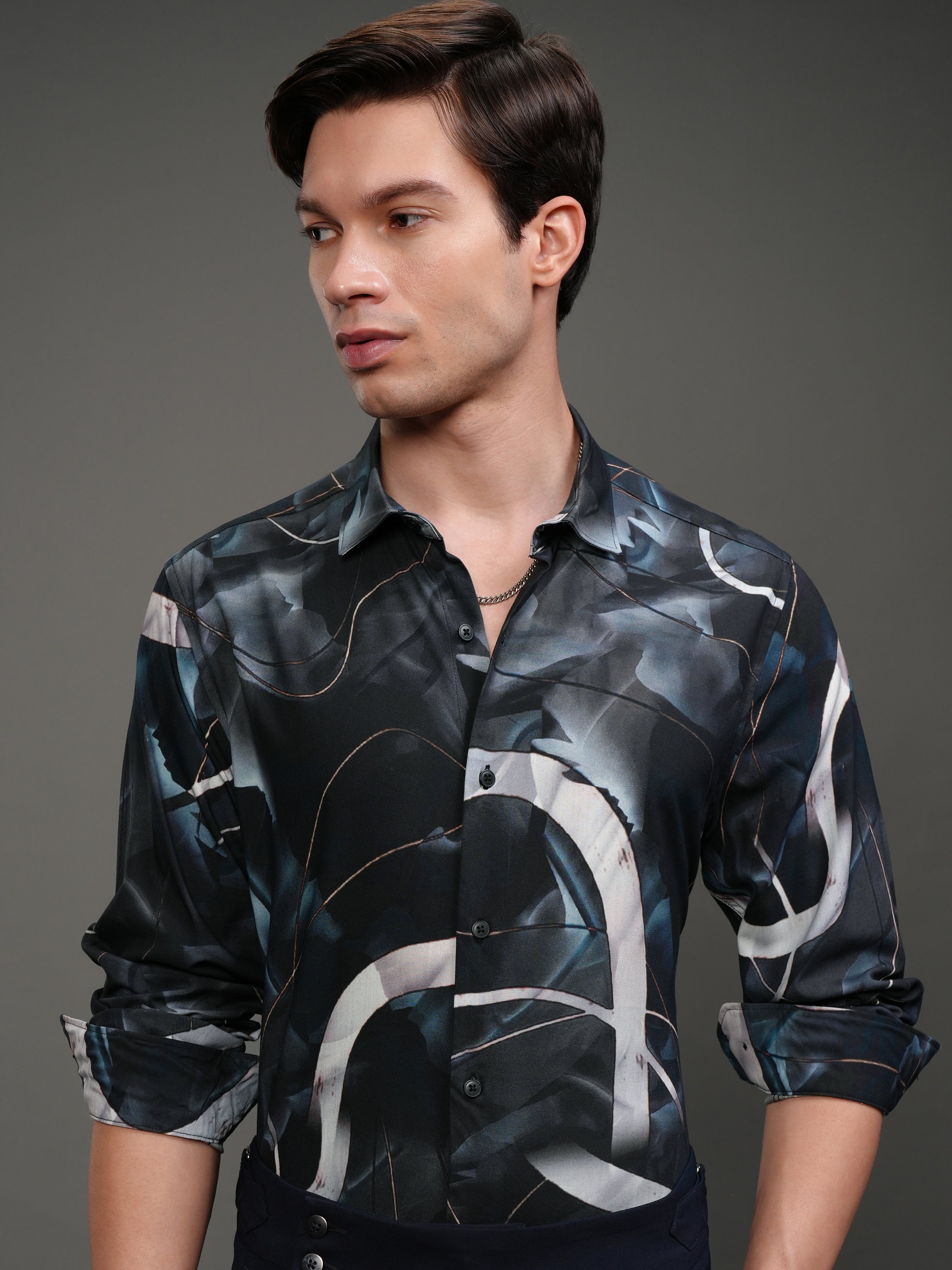 Highlander Men Navy Blue Printed Slim Fit Casual Shirt - Navy Blue - Image 1