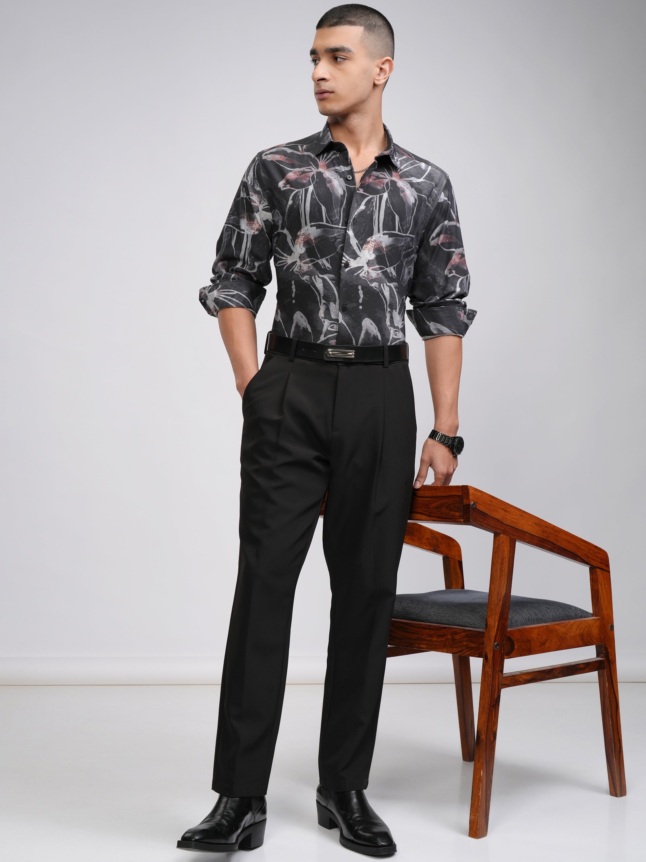Highlander Men Charcoal Printed Slim Fit Casual Shirt - Charcoal - Image 2