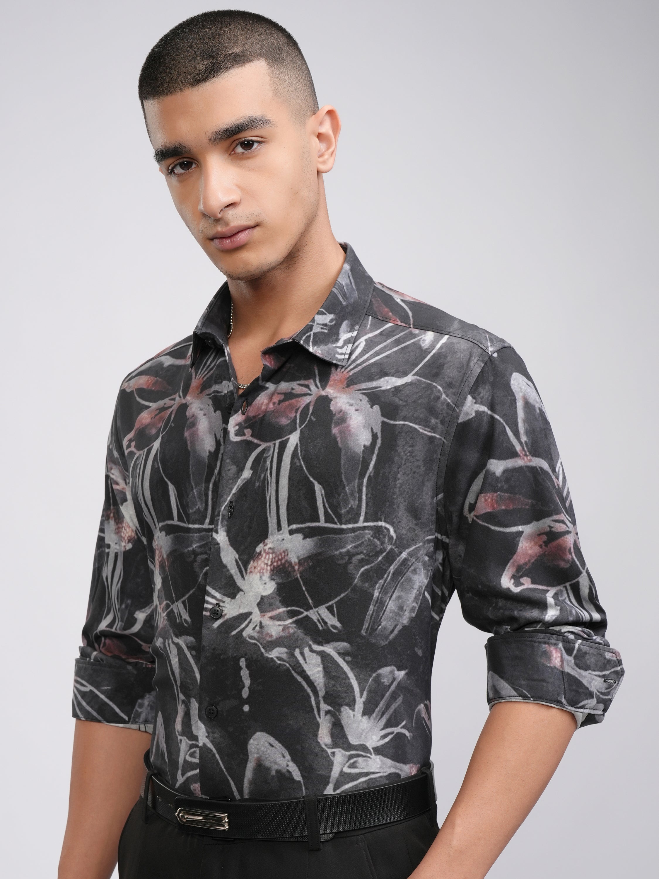 Highlander Men Charcoal Printed Slim Fit Casual Shirt - Charcoal - Image 4