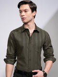 Highlander Men Olive Striped Slim Fit Casual Shirt - Olive - Image 1