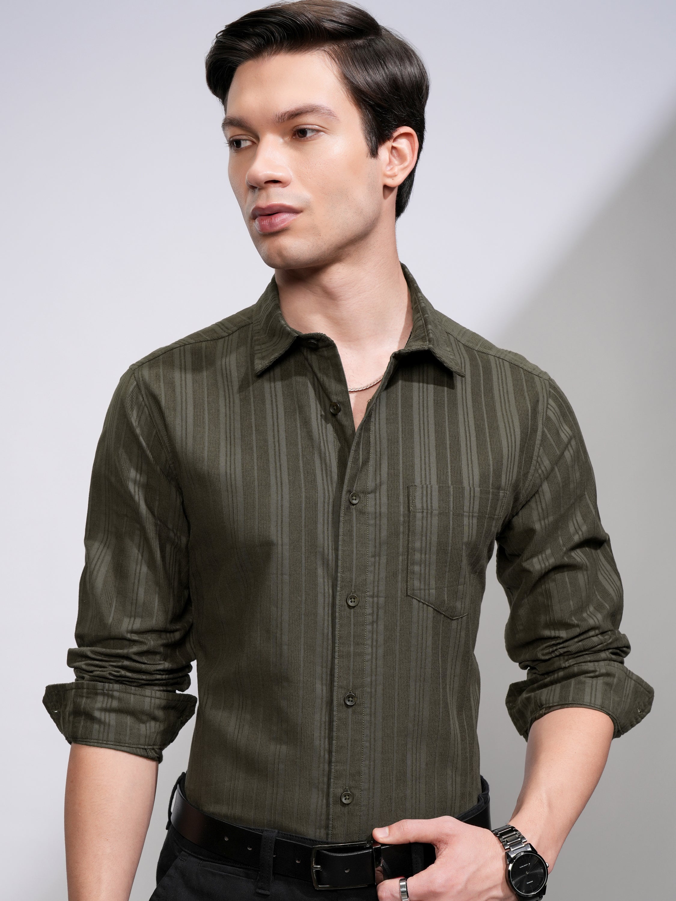 Highlander Men Olive Striped Slim Fit Casual Shirt - Olive - Image 1
