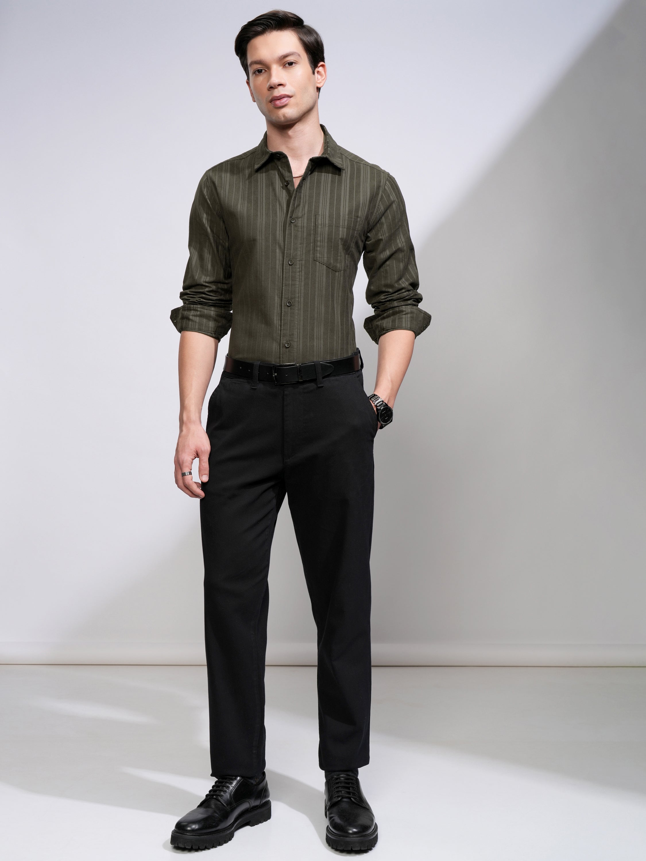 Highlander Men Olive Striped Slim Fit Casual Shirt - Olive - Image 2