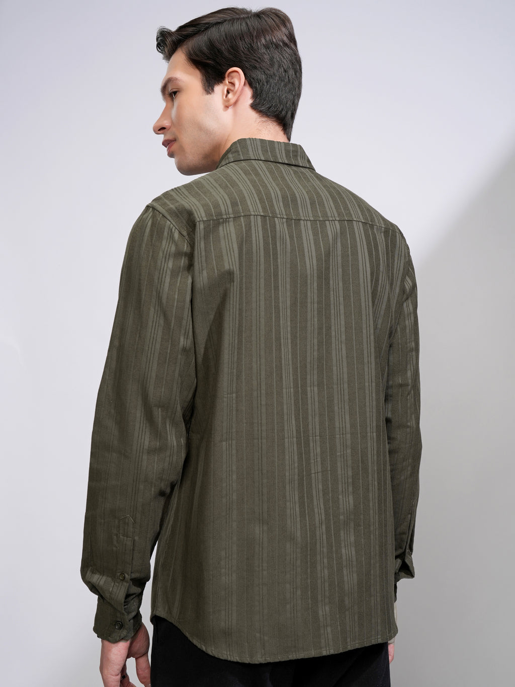 Highlander Men Olive Striped Slim Fit Casual Shirt - Olive - Image 3