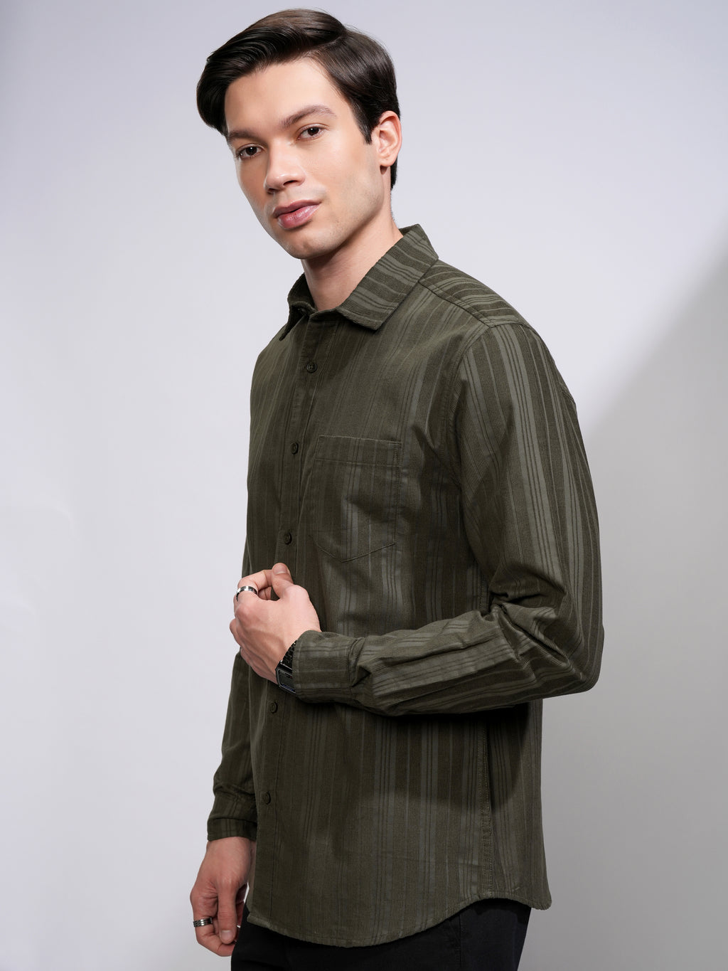 Highlander Men Olive Striped Slim Fit Casual Shirt - Olive - Image 4