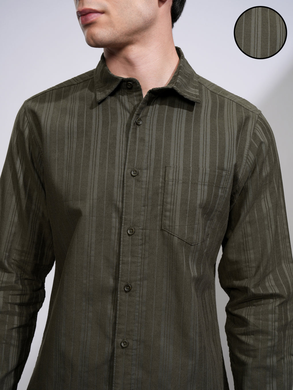 Highlander Men Olive Striped Slim Fit Casual Shirt - Olive - Image 5