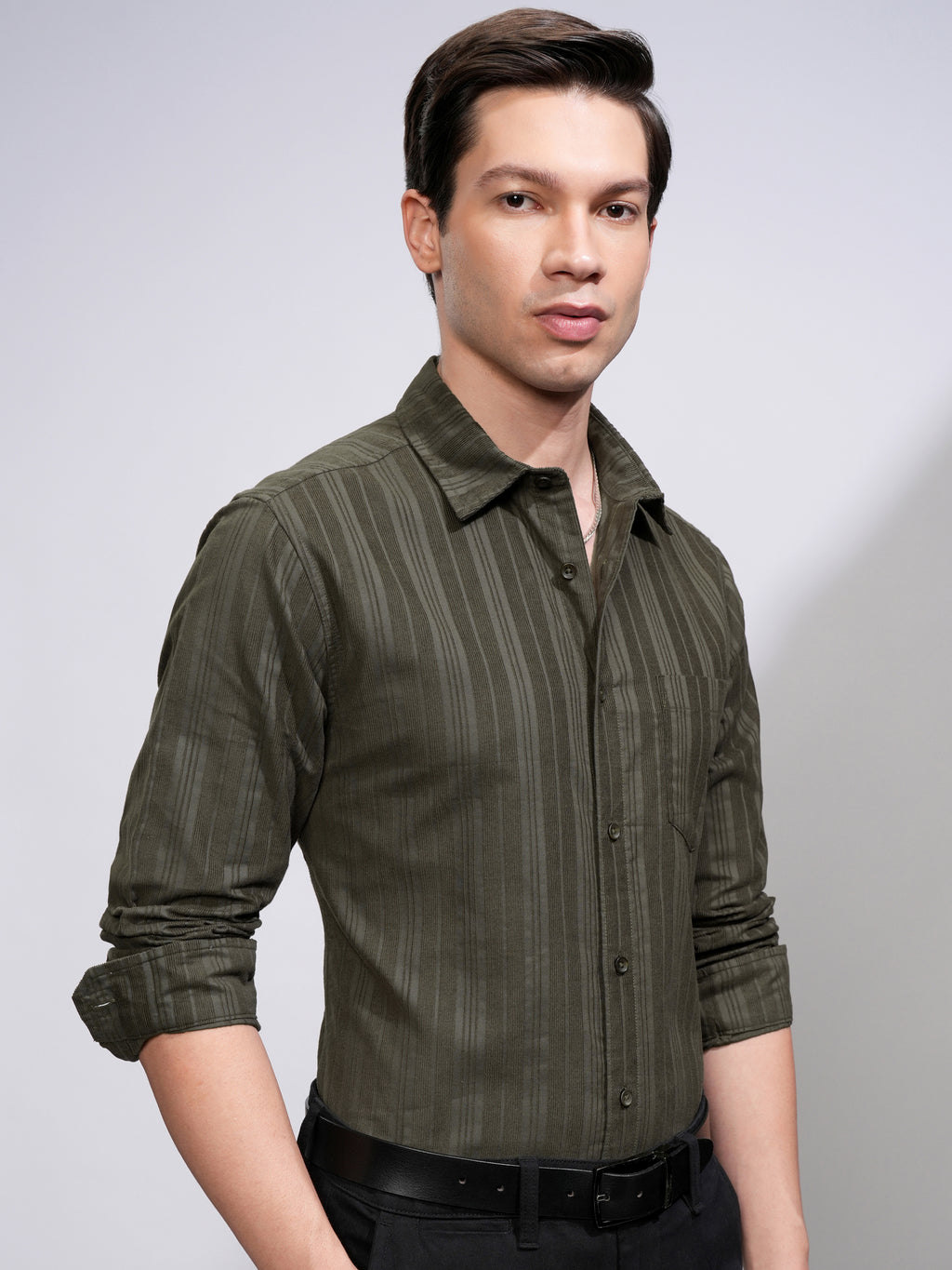 Highlander Men Olive Striped Slim Fit Casual Shirt - Olive - Image 6
